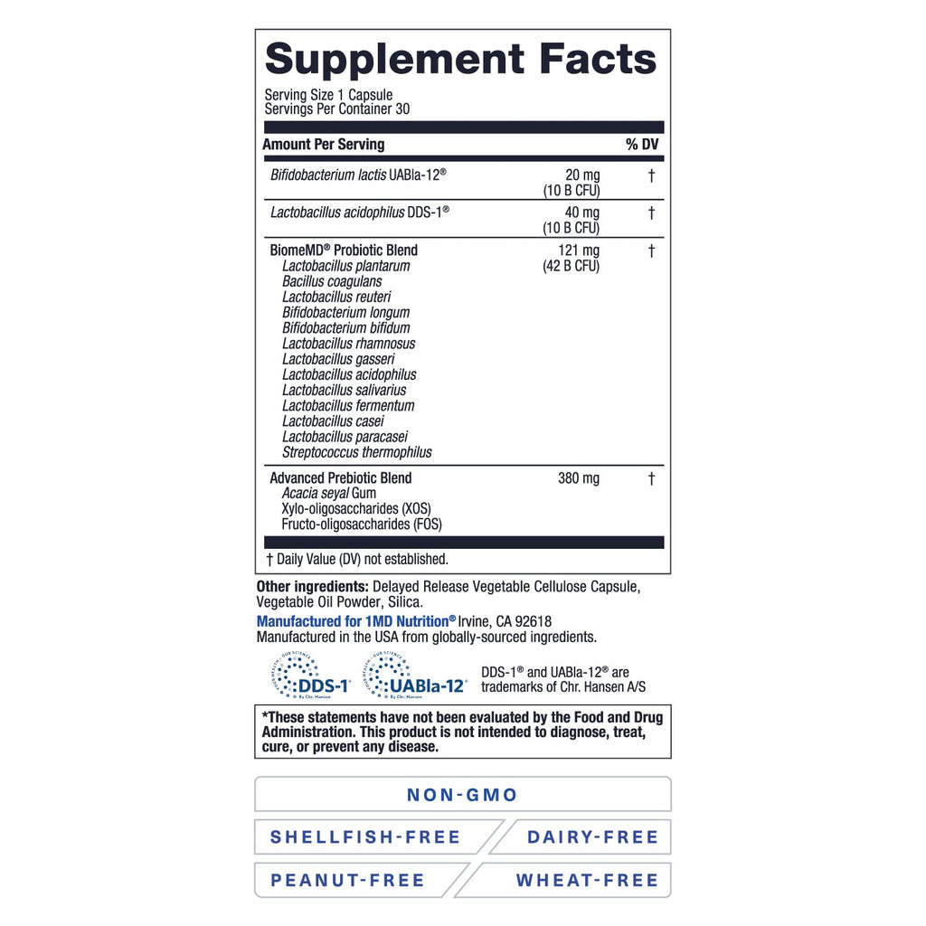 1MD Nutrition BiomeMD Probiotics | 62 Billion CFUs, 15 Comprehensive Strains - Pro & Prebiotics | Doctor-Formulated for Digestive Health & Immune Support | 30 Capsules 1MD Nutrition Au supplements
