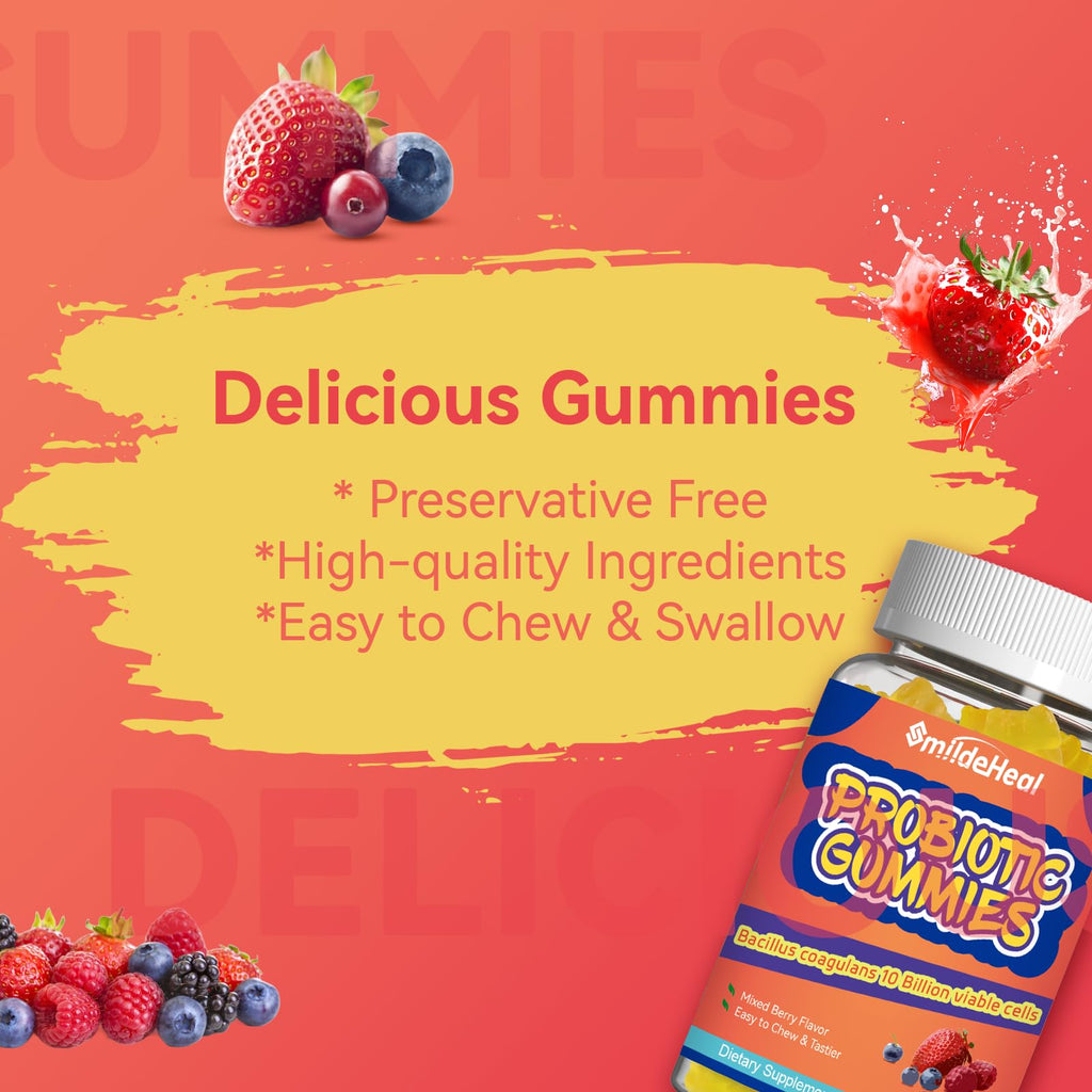 SmildeHeal Probiotic Gummies for Digestive Health - 10 Billion CFU Bacillus Coagulans - Vegan & Non-GMO - Immune & Digestive Support for Men & Women