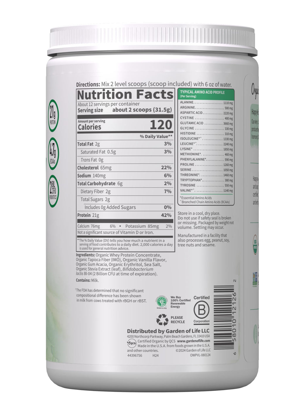 Garden of Life Grass Fed Whey Protein Powder Vanilla - 21g Protein for Women & Men + Probiotics - 12 Servings - Gluten Free, Non GMO, Kosher, Humane, RBST & rBGH Hormone Free