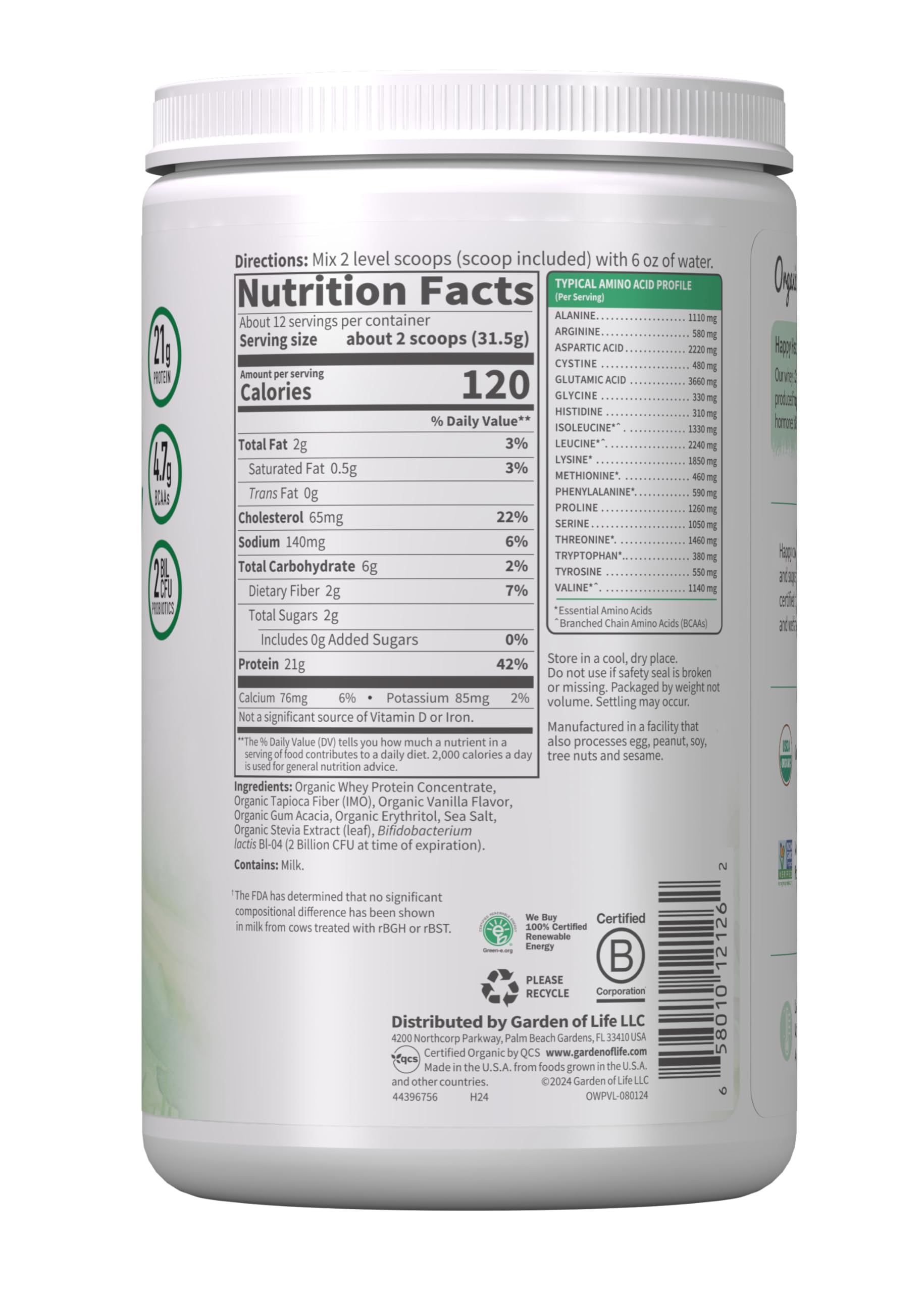 Garden of Life Grass Fed Whey Protein Powder Vanilla - 21g Protein for Women & Men + Probiotics - 12 Servings - Gluten Free, Non GMO, Kosher, Humane, RBST & rBGH Hormone Free