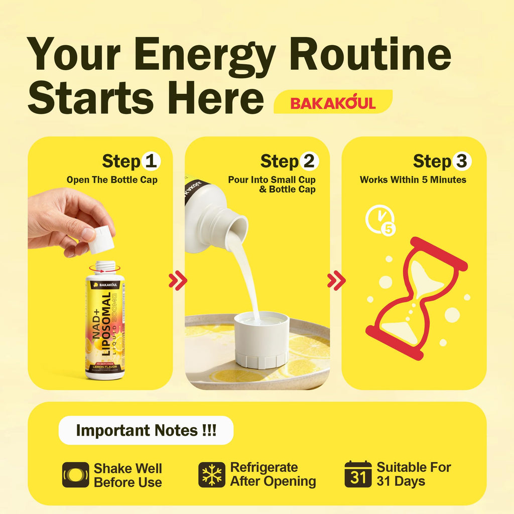 Liposomal NAD+ Liquid Supplement - Designed to Help Support Absorption - Nhanced Cellular Uptake, Helps Support Normal Cellular Health, Supports Cellular Energy Metabolism and Vitality - Lemon Flavor BAKAKOUL Au supplements