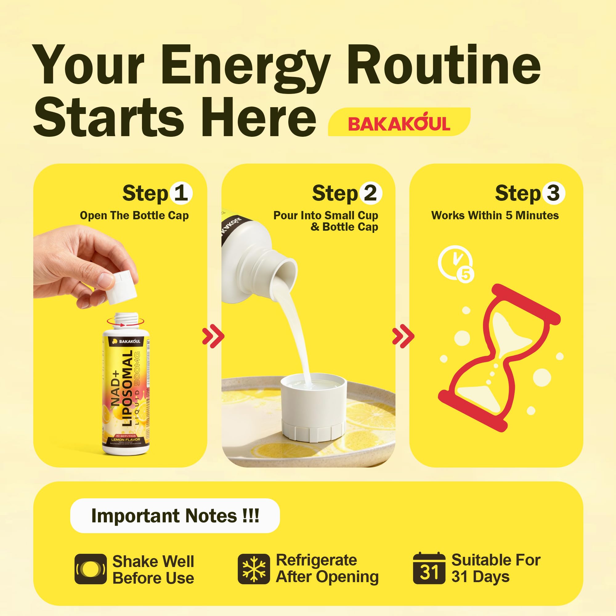 Liposomal NAD+ Liquid Supplement - Designed to Help Support Absorption - Nhanced Cellular Uptake, Helps Support Normal Cellular Health, Supports Cellular Energy Metabolism and Vitality - Lemon Flavor BAKAKOUL Au supplements