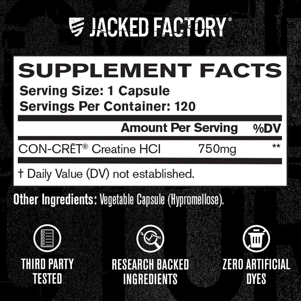 Jacked Factory Creatine HCl Capsules - CON CRET Creatine Pills 750mg - Lean Muscle Growth & Recovery, Boost Strength & Endurance, No Bloating or Cramps - 120 Capsules Jacked Factory Au supplements