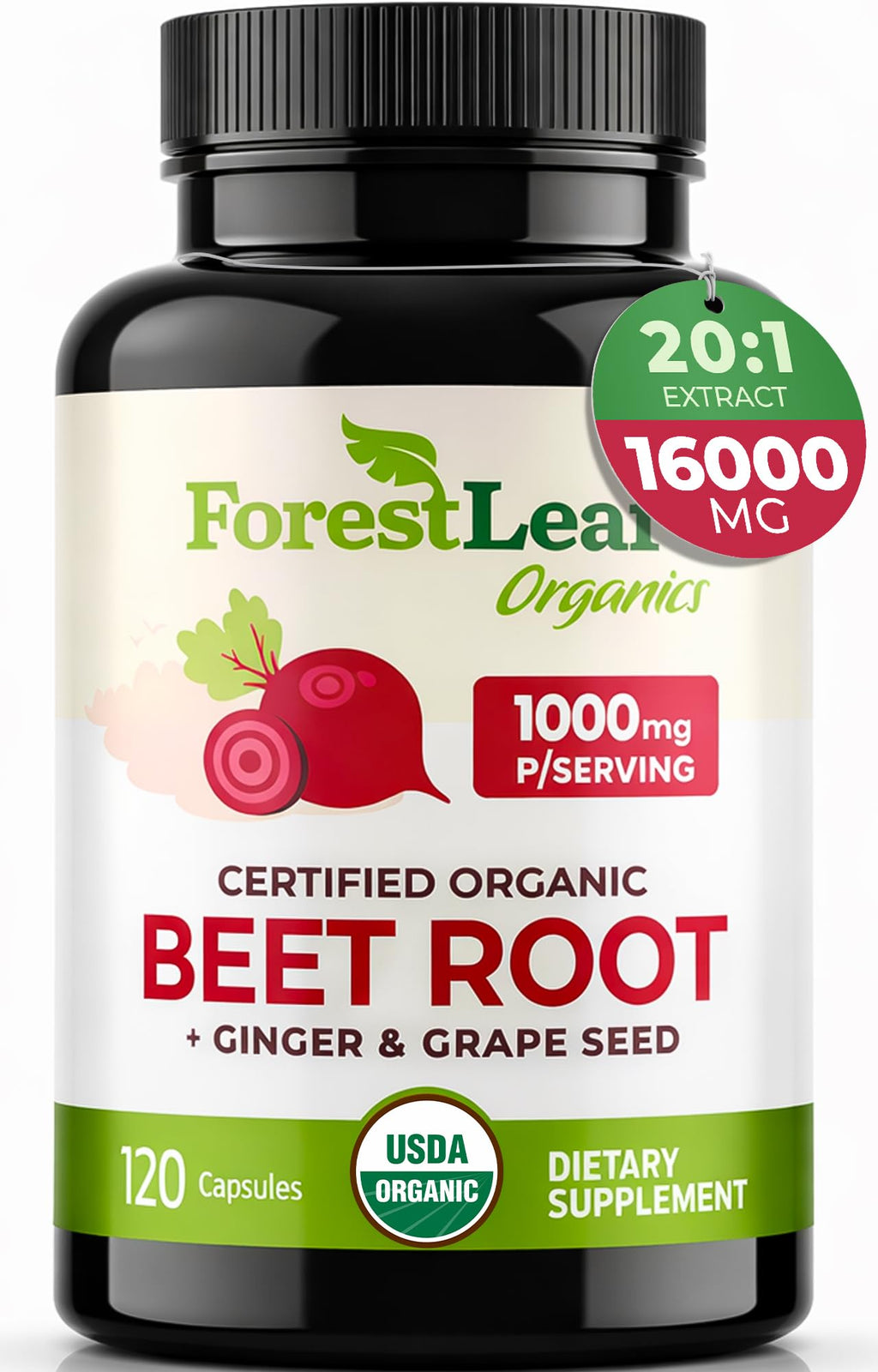ForestLeaf USDA Organic Beet Root Capsules - Beetroot Supplement 1000mg 20:1 Extract w/Ginger Grape Seed - Support Blood Pressure, Nitric Oxide