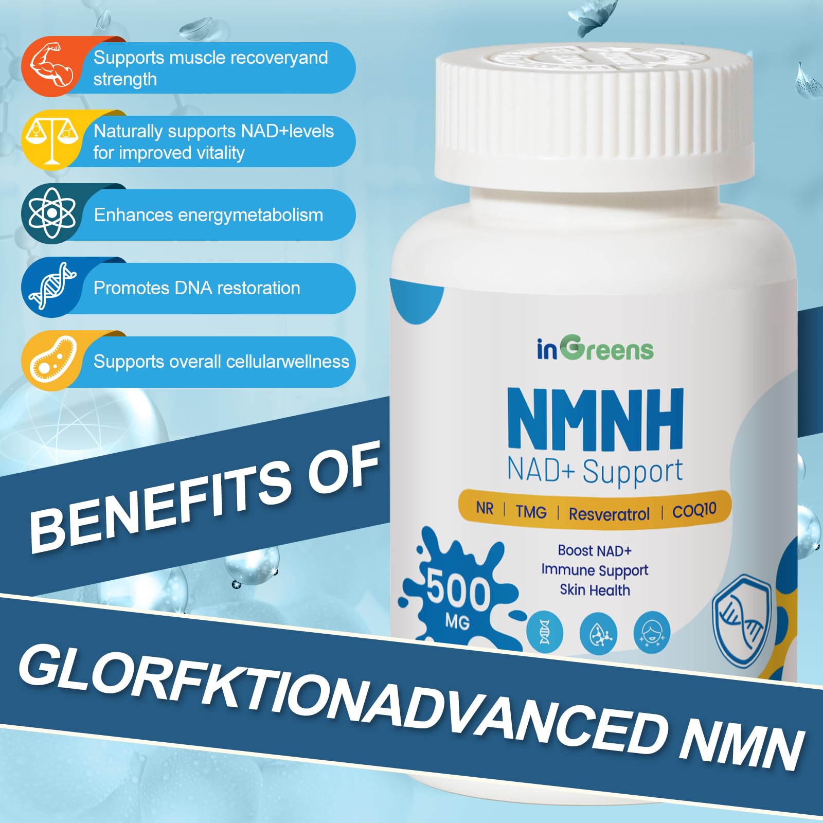 500mg NMNH, NMN Supplement Alternative with NR, TMG, Resveratrol, COQ10, NAD Supplement, Anti Aging, Energy, Boost NAD+ Levels, 60 Capsules inGreens Au supplements