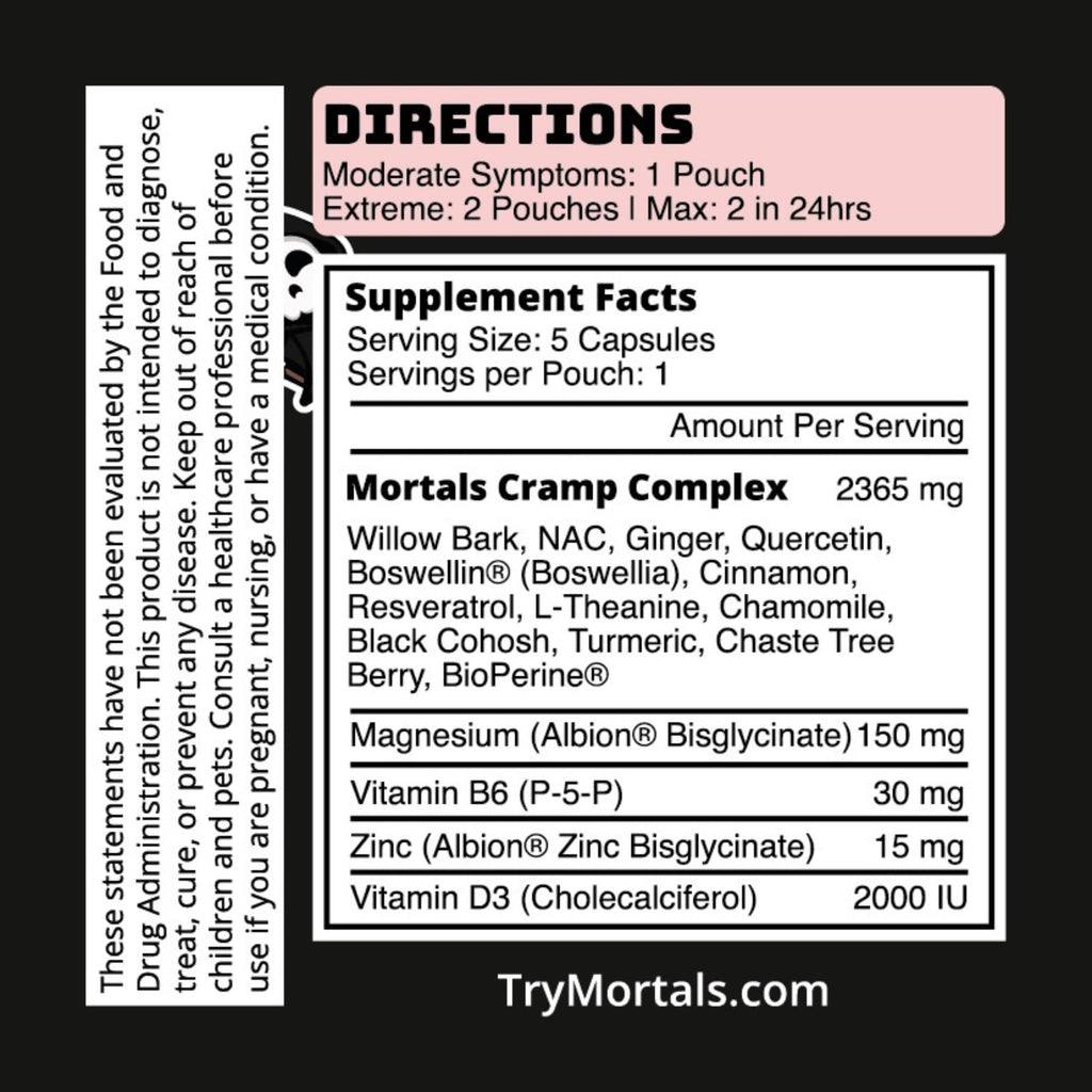 Mortals Cramp Crusher, Supports Bloating Relief for Women, Chasteberry, Magnesium Bisglycinate, Vitamin B6, Black Cohosh, Women's Hormone Balance Supplement, PMS Relief, (50 Capsules) Mortals Au supplements