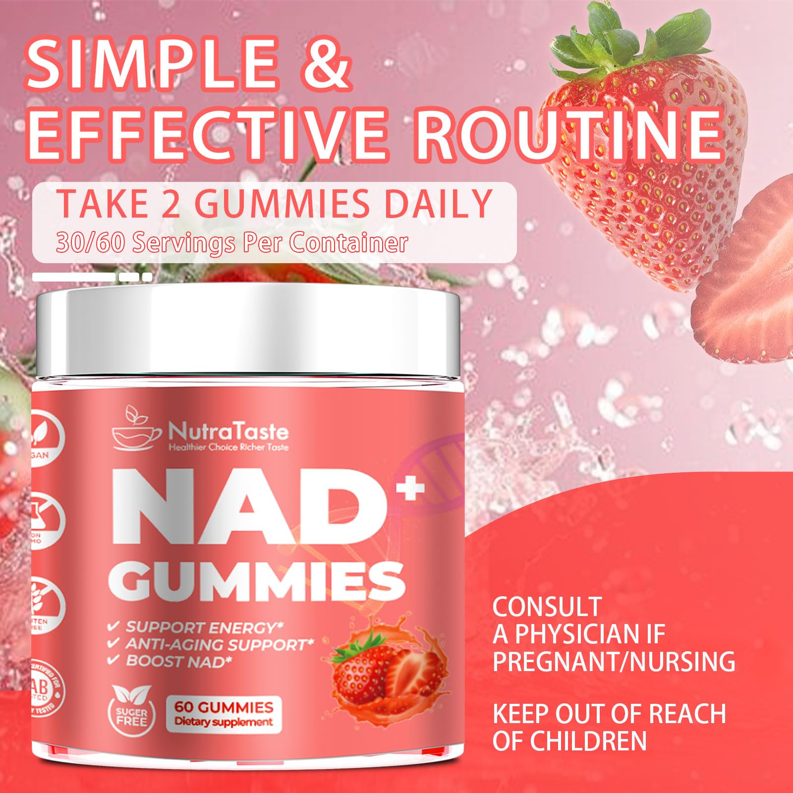 NUTRATASTE HEALTHIER CHOICE RICHER TASTE NAD⁺ Gummies Supplement for Anti-Aging, Energy & Focus Boost | Resveratrol, Nicotinamide Riboside | Strawberry Flavor, Vegan, Sugar-Free,60 Count (Pack of 1) NUTRATASTE HEALTHIER CHOICE RICHER TASTE Au supplements
