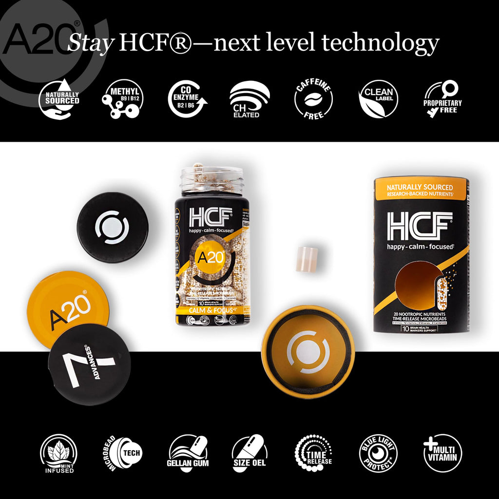HCF A20 Microbead Brain Health Supplements for Adults for Memory, Focus, Calm, Mood, Alertness, Attention, Vision, Sleep, Immune System, 20 Premium Nootropic Nutrients Multivitamin & 7 Advances® Tech HCF Au supplements