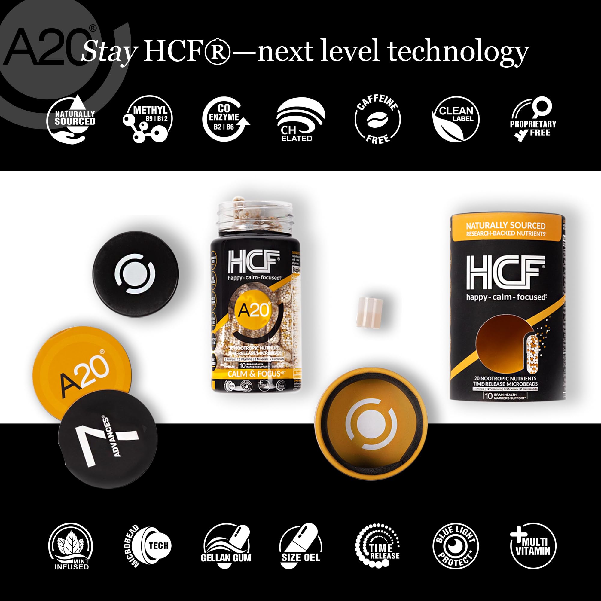 HCF A20 Microbead Brain Health Supplements for Adults for Memory, Focus, Calm, Mood, Alertness, Attention, Vision, Sleep, Immune System, 20 Premium Nootropic Nutrients Multivitamin & 7 Advances® Tech HCF Au supplements
