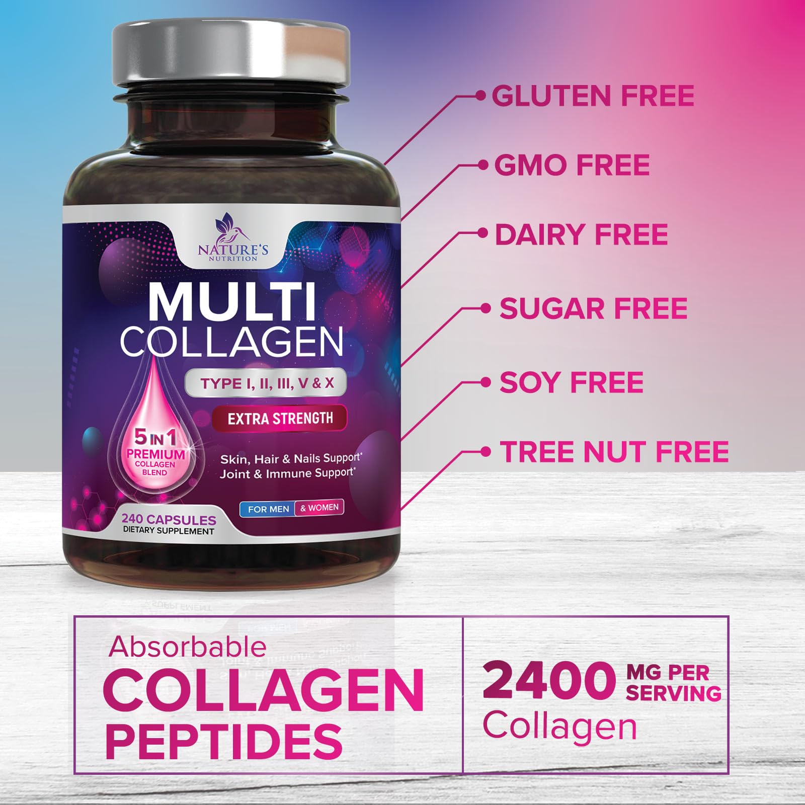 Multi Collagen Pills - Multi Collagen Complex 2400 mg Per Serving - Types I, II, III, V, X - Hydrolyzed Collagen Peptides Supplement - Hair, Skin & Nail Support