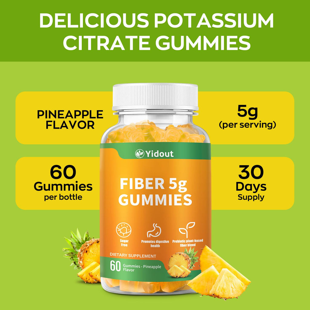Yidout Fiber Gummies for Adults with Probiotics，No Sugar Added Pineapple Flavor, Promotes Gut Health and Regulate Bowel Movement, Vegan (60 Count（Pack of 1）)