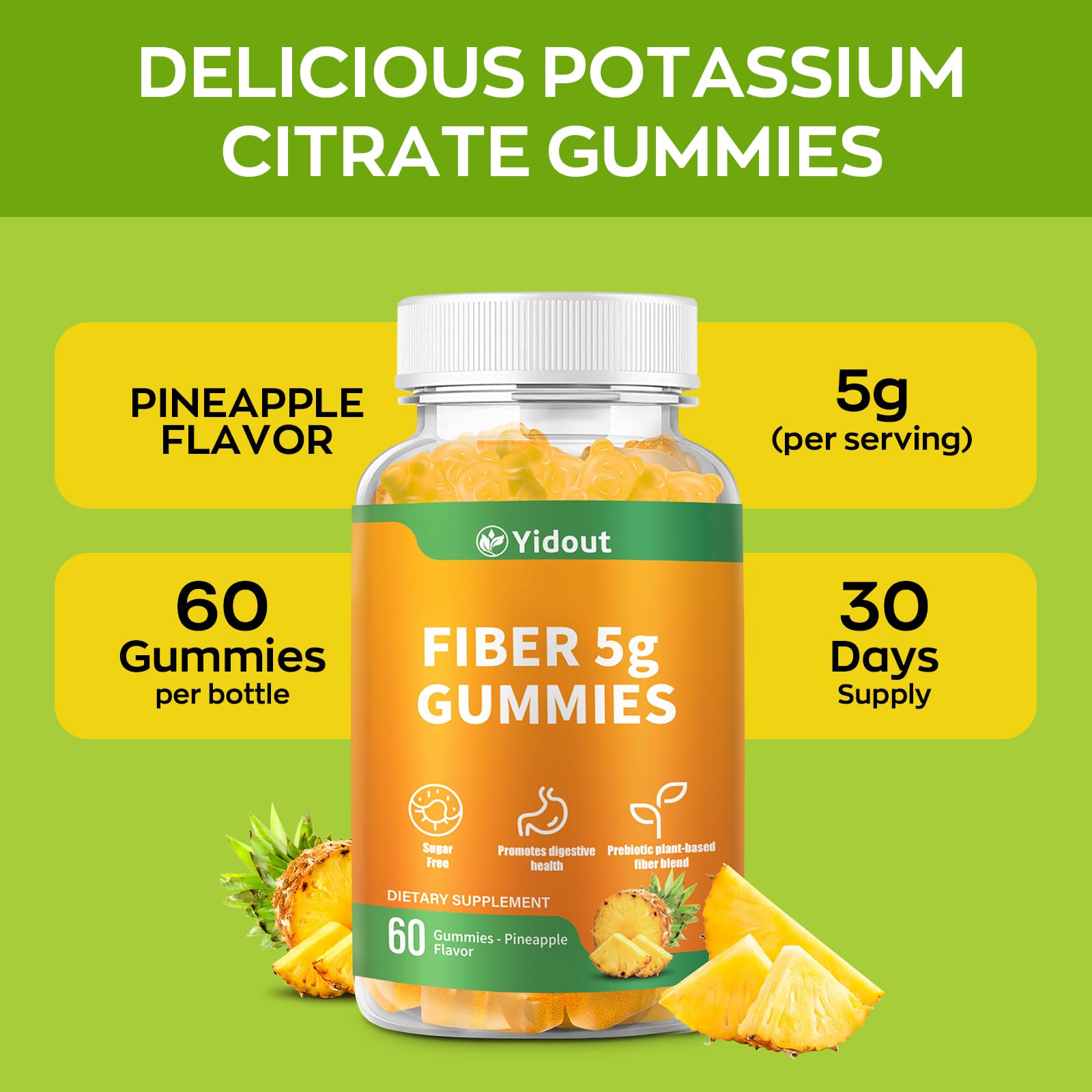 Yidout Fiber Gummies for Adults with Probiotics，No Sugar Added Pineapple Flavor, Promotes Gut Health and Regulate Bowel Movement, Vegan (60 Count（Pack of 1）)