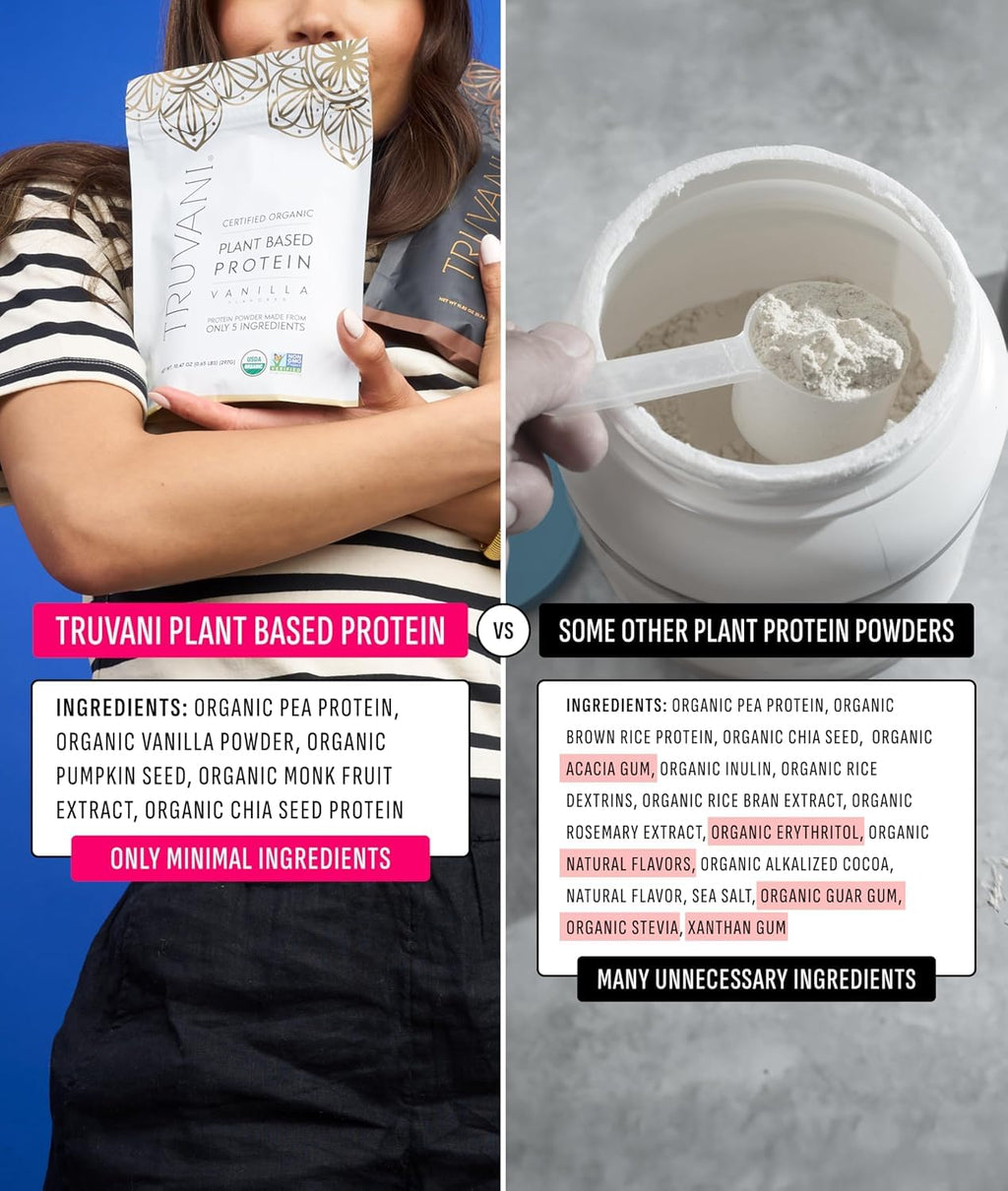 Truvani Organic Plant Based Protein Powder | Vanilla | 20g Pea Protein | 18 Servings | Vegan & Keto | Gluten & Dairy Free | Low Carb | No Added Sugar