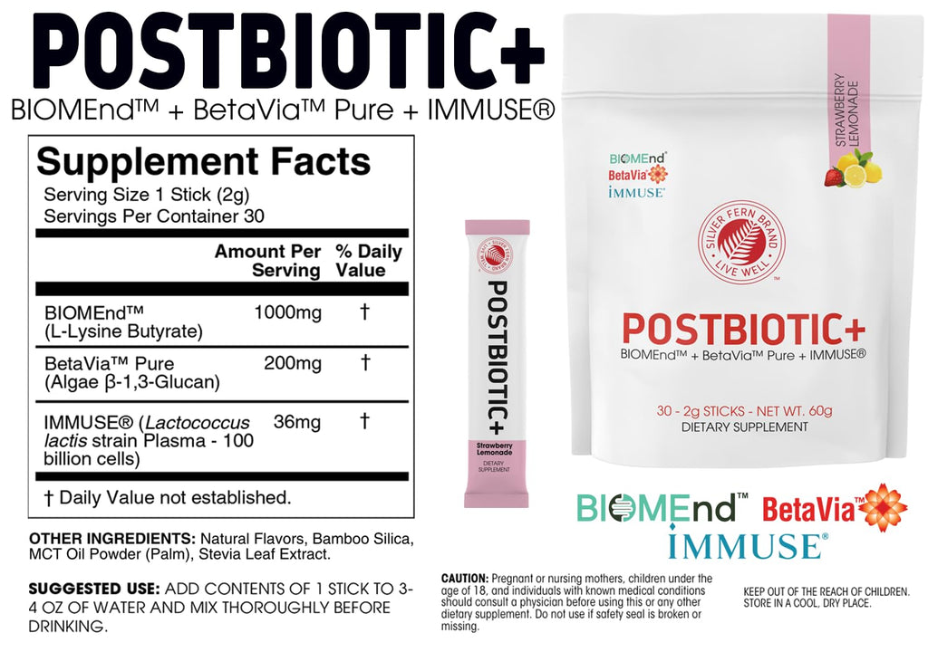 Silver Fern Brand Postbiotic+ Strawberry Lemonade Powder – Postbiotic Supplement with BIOMend™, BetaVia™, and Immuse® – Supports The Digestive System