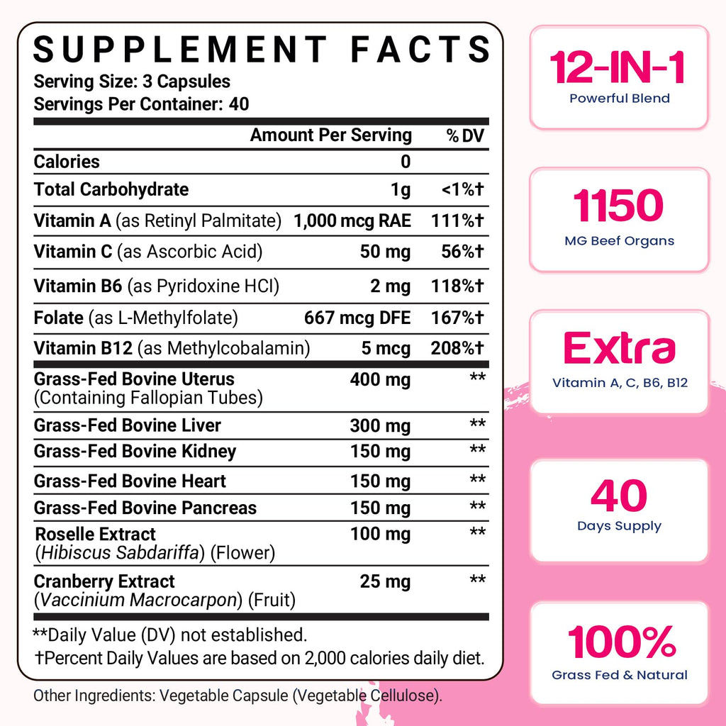 12-In-1 Beef Organ Supplement for Women - Beef Liver, Uterus, Kidney, Heart, Pancreas, 5 Vitamins & 2 Herbs, Hormone Balance, Menstruation, Energy, Immune - 100% Grass Fed, Pasture Raise - 120 Caps Nassiouy Au supplements