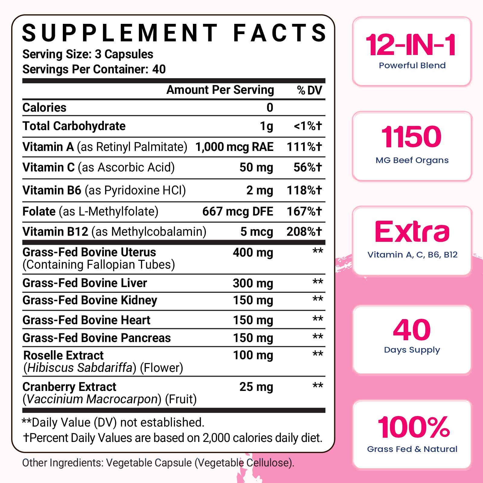 12-In-1 Beef Organ Supplement for Women - Beef Liver, Uterus, Kidney, Heart, Pancreas, 5 Vitamins & 2 Herbs, Hormone Balance, Menstruation, Energy, Immune - 100% Grass Fed, Pasture Raise - 120 Caps Nassiouy Au supplements