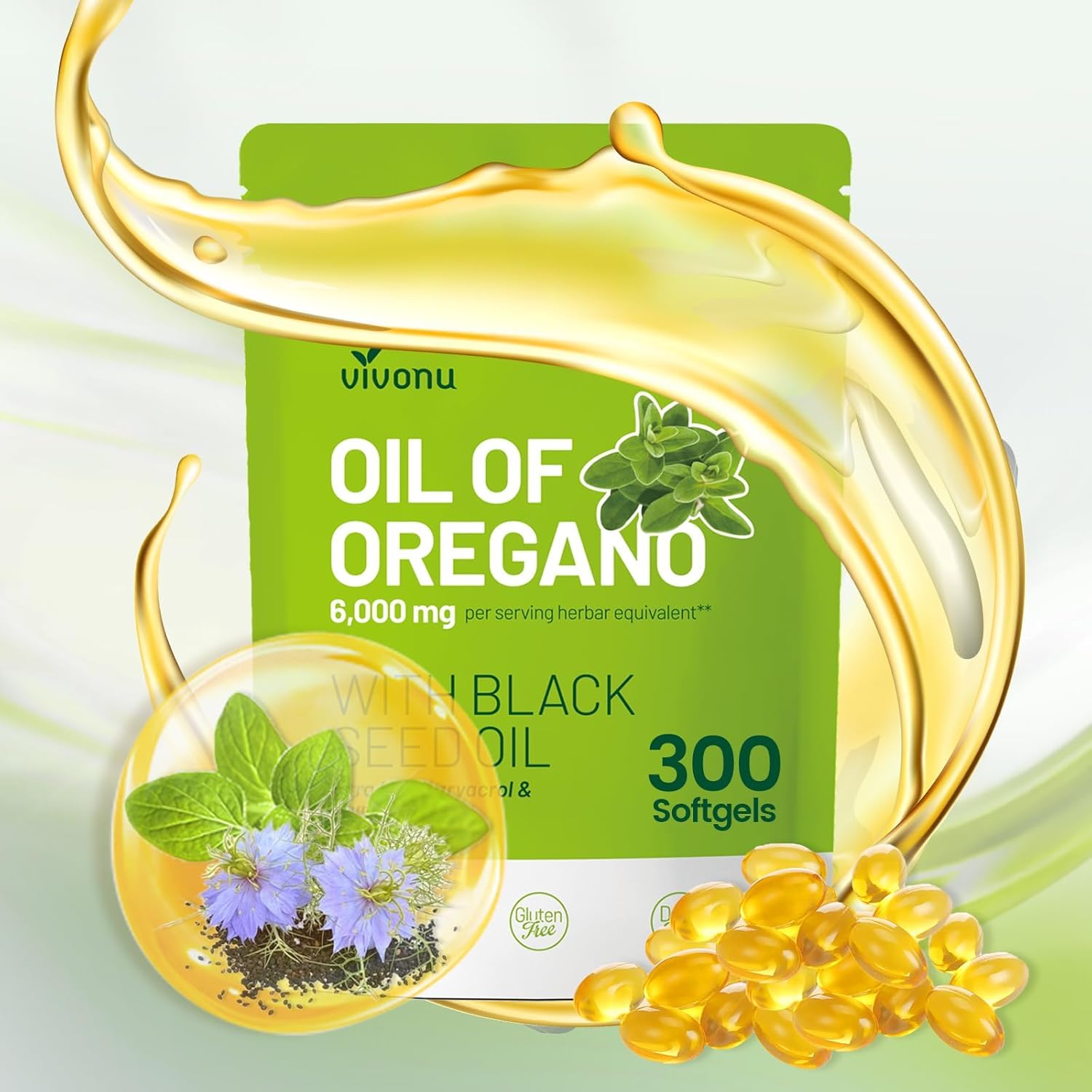 VivoNu Oil of Oregano with Black Seed Oil, Balanced Oil of Oregano Capsules, 300 Count Organic OreganoOil Softgels