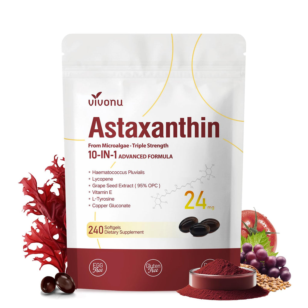 10 in 1 Astaxanthin Supplements 24mg, 4 Month Supply, Astaxantina Antioxidant from Fresh Haematococcus Pluvialis, Contains Lycopene, Grape Seed, Vitamin E