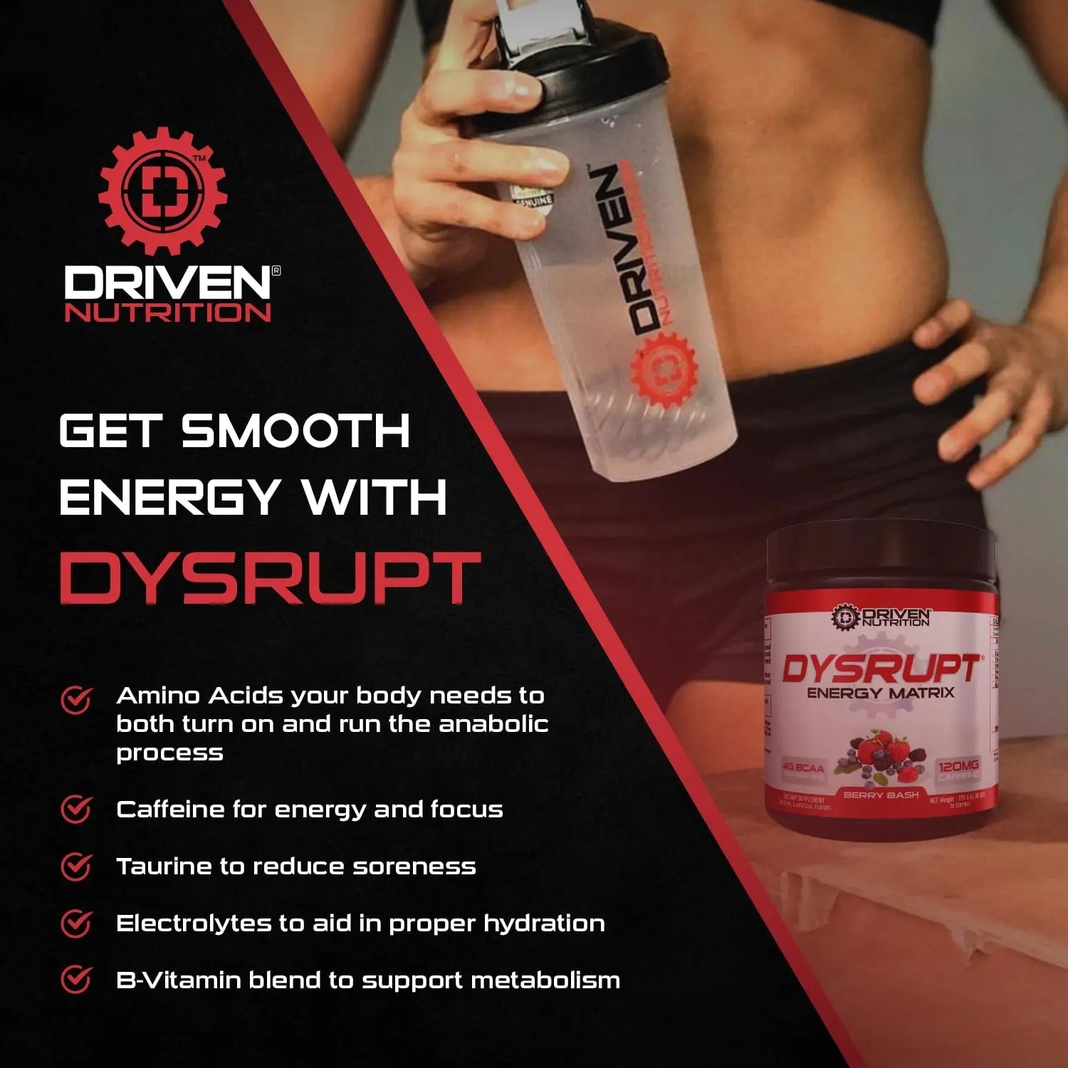 Driven Nutrition DYSRUPT: BCAA + Caffeine with Electrolytes: Sugar & Gluten Free Supplement Driven Nutrition Au supplements