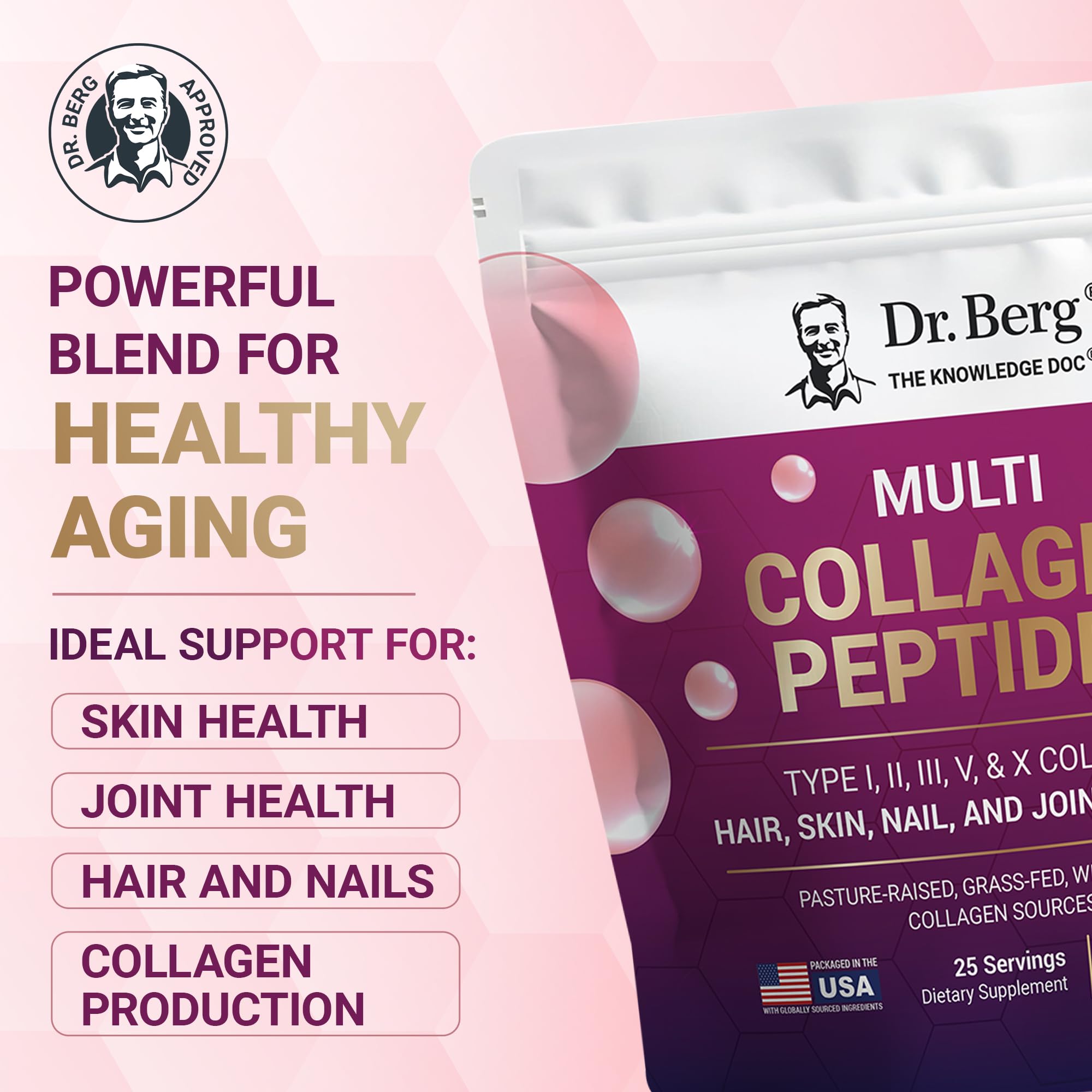 Dr. Berg Multi Collagen Peptides Powder Types I, II, III, V, X - Unflavored Collagen Powder w/ 14 g of Protein - Grass-Fed
