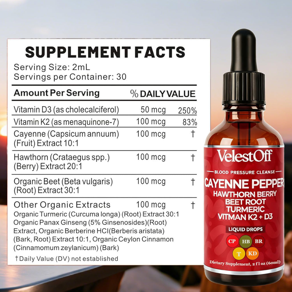 Velestoff Cayenne Pepper Drops Supplement Liquid, Onaise Cayenne Drops - Cayenne Pepper, Hawthorn Berry, Beet Root, Turmeric, Vitamin K2+d3, Immune Support, Energy Boost, 2 fl. oz. LANZF Au supplements