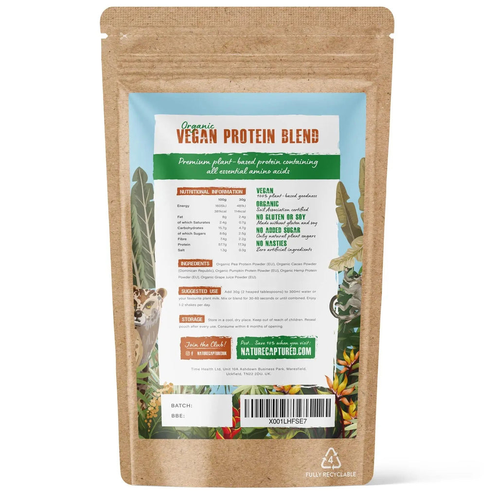 Organic & Raw Vegan Protein Blend (600g) - Chocolate Flavour - Pea, Pumpkin & Hemp Nature Captured Au supplements