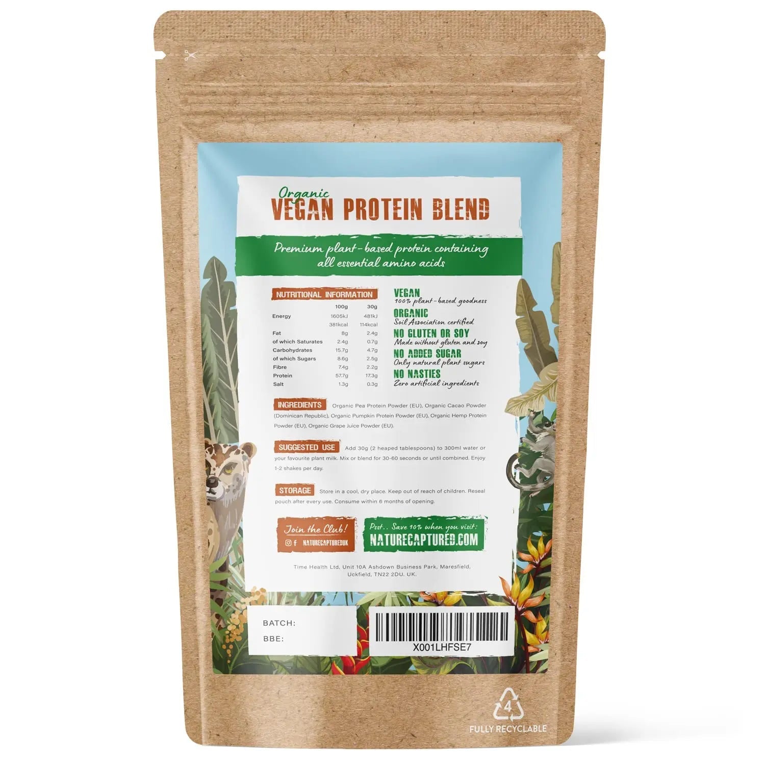 Organic & Raw Vegan Protein Blend (600g) - Chocolate Flavour - Pea, Pumpkin & Hemp Nature Captured Au supplements