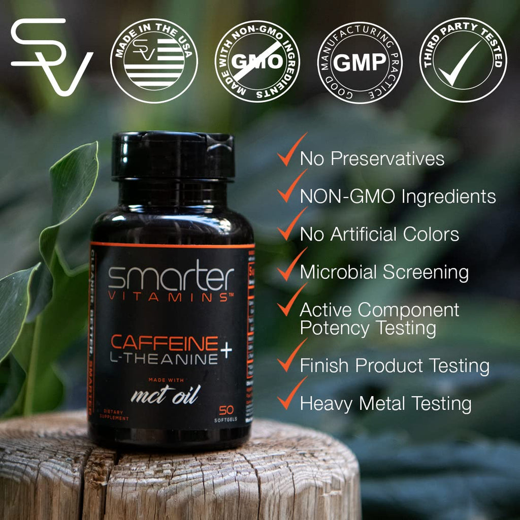 SmarterVitamins 200mg Caffeine Pills - MCT Oil from 100% Coconuts + 100mg L-Theanine, Energy and Focus