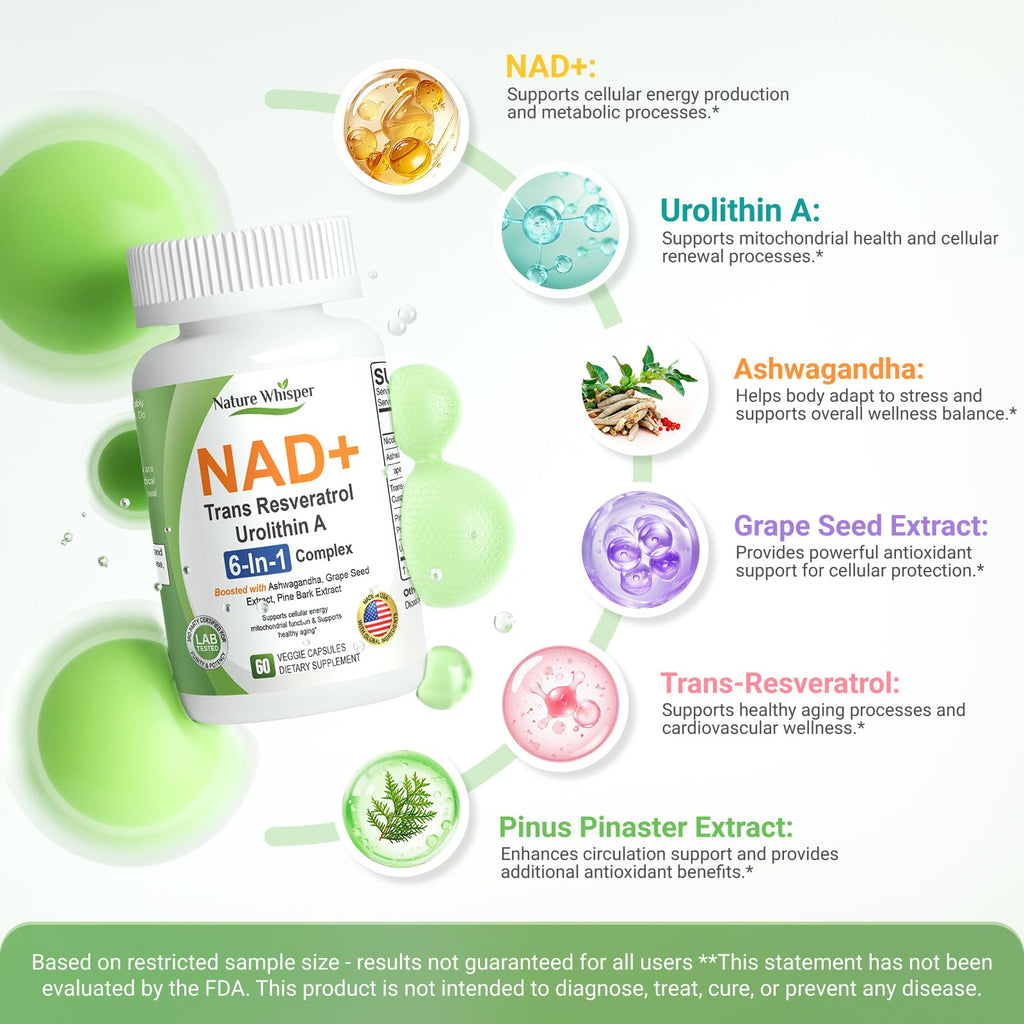 Nature Whisper NAD+ Supplement 620mg | 6-in-1 Complex with Resveratrol, Ashwagandha & Urolithin A - Daily Energy Stack for Focus, Brain Fog & Healthy Aging - 60 Capsules Nature Whisper Au supplements