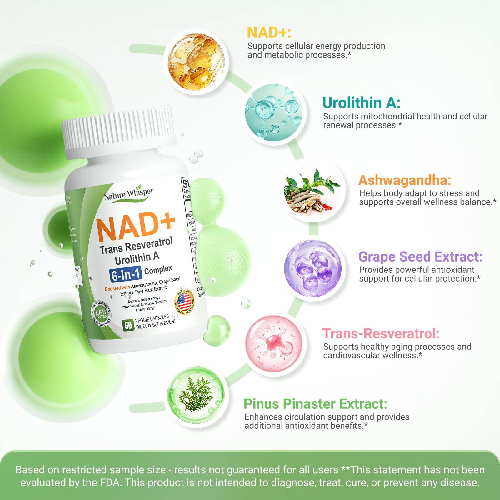 Nature Whisper NAD+ Supplement 620mg | 6-in-1 Complex with Resveratrol, Ashwagandha & Urolithin A - Daily Energy Stack for Focus, Brain Fog & Healthy Aging - 60 Capsules Nature Whisper Au supplements