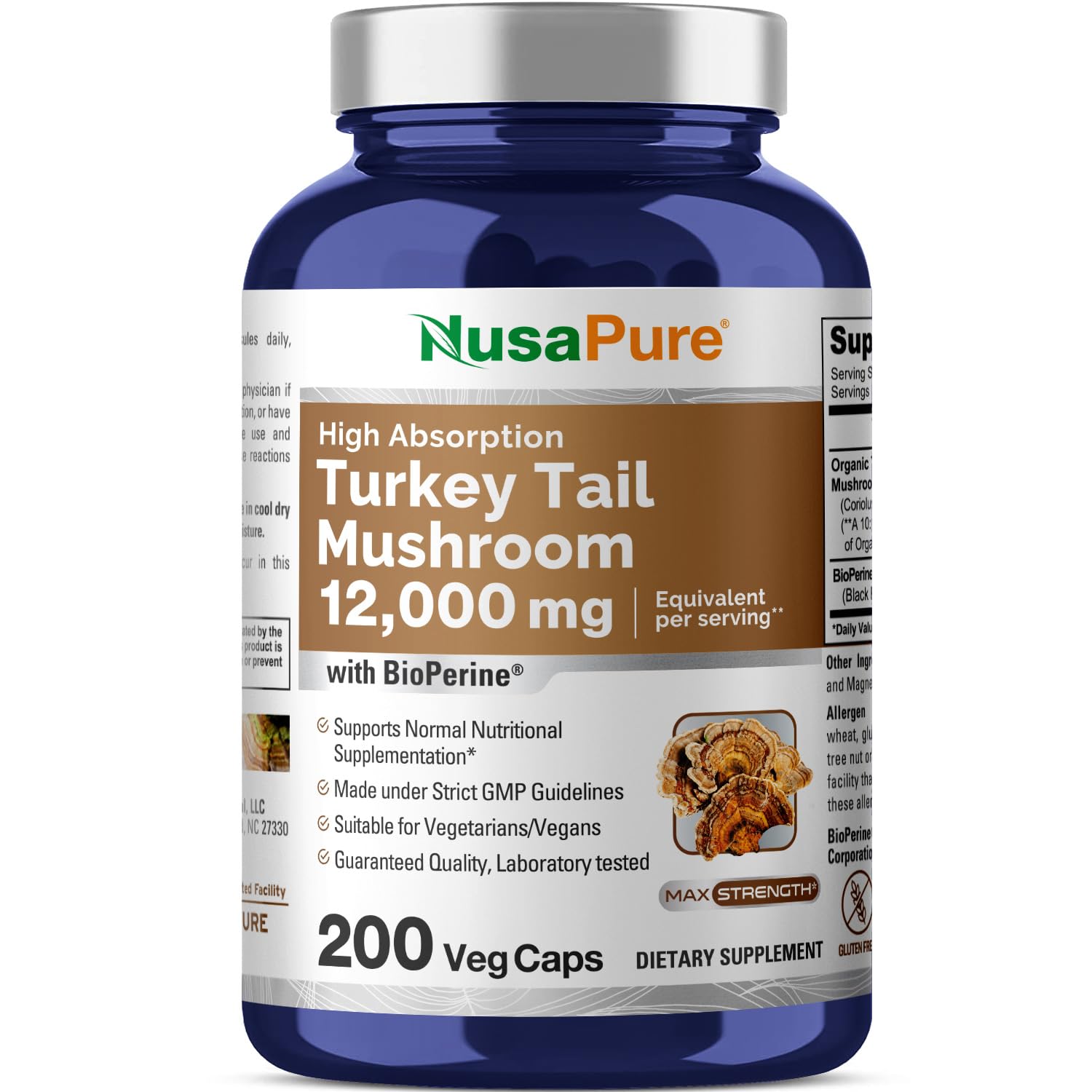NusaPure Turkey Tail Mushroom Capsules, 10:1 Extract, 1200 mg Equivalent to 12,000mg, 200 Vcaps, Non-GMO, Gluten Free, Bioperine NusaPure Au supplements