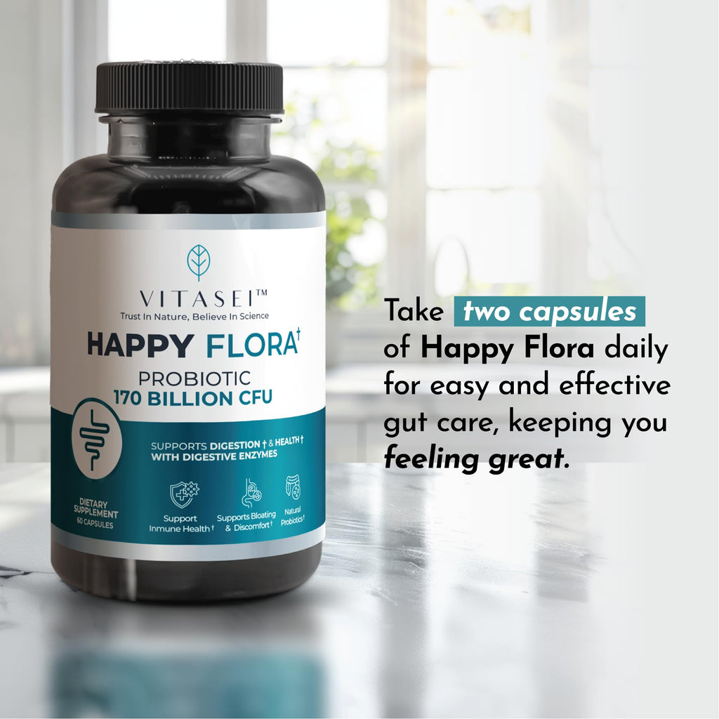 VITASEI Happy Flora, Probiotic Supplement 170 Billion CFU for a Healthy Gut Health with enzymes for Digestion, probiotics for Women and Men, 1 Bottle - 60 Capsules VITASEI Au supplements