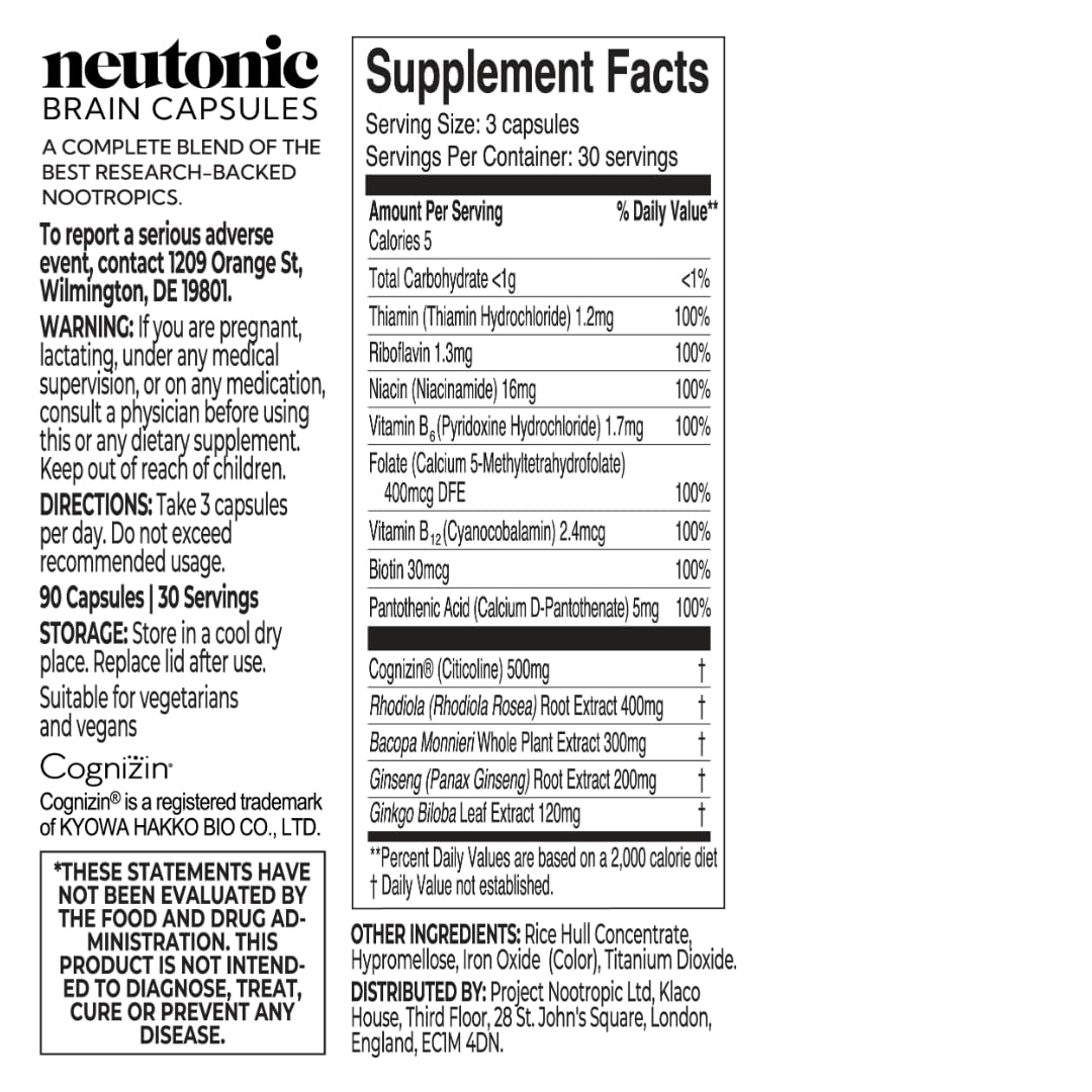 Neutonic Nootropic Brain Supplement | 1 Month Supply 90 Capsules | for Men and Women | Support Memory, Mental Clarity, Cognitive Function | Boost Focus, Energy, Brain Health Neutonic Au supplements