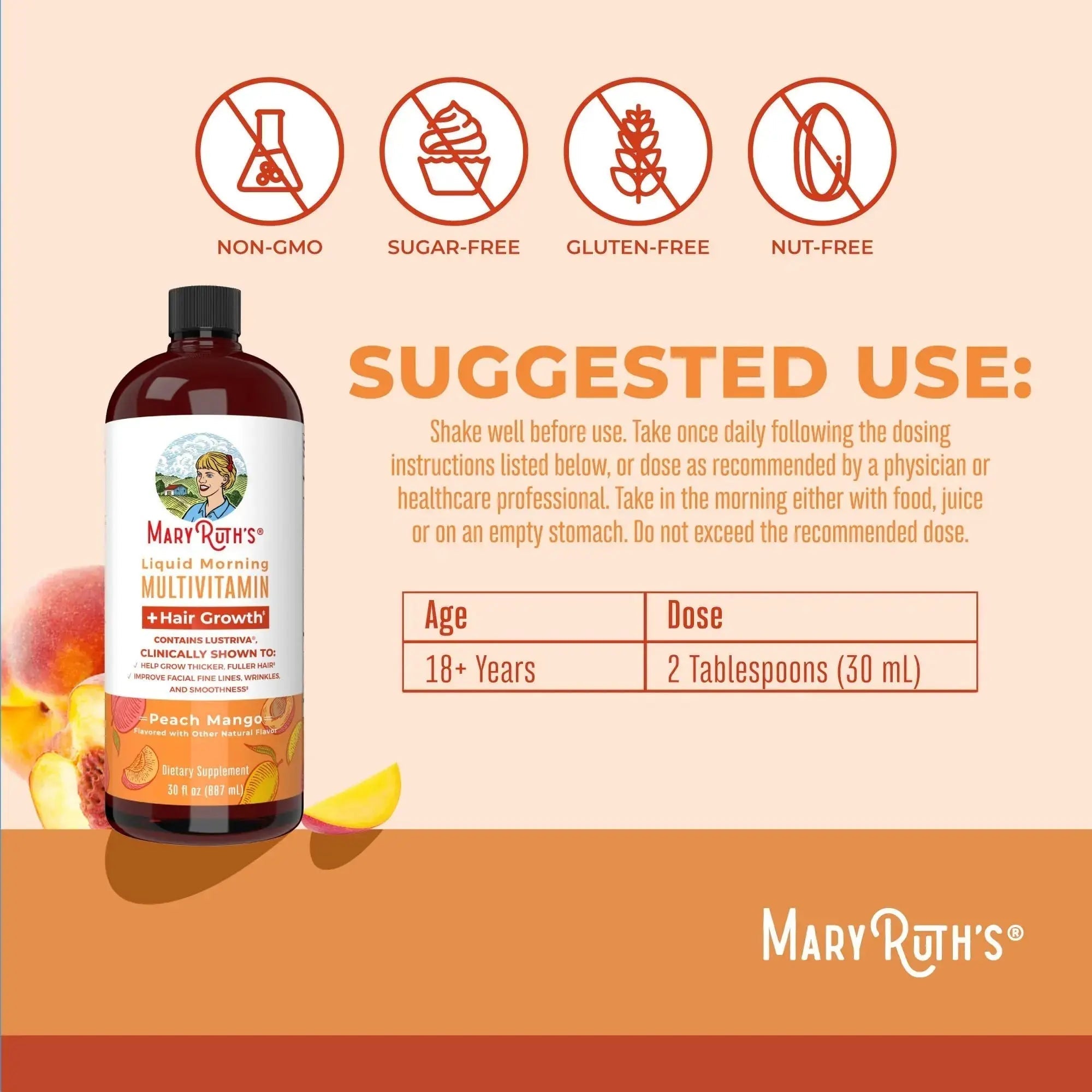MaryRuth's MaryRuth's Liquid Morning Multivitamin +Hair Growth (Peach Mango, 30oz) & Iron Liquid (Berry) | Clean Label Project Verified® | MARYRUTH'S Au supplements
