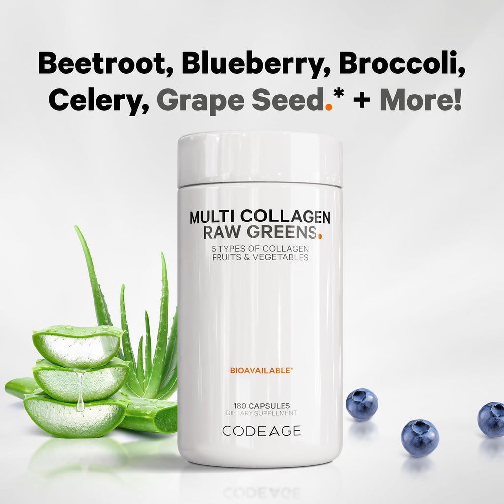 Codeage Multi Collagen Protein + Organic Raw Greens Superfood Capsules Supplement, 21 Fruits & Veggies, Grass-Fed Hydrolyzed Collagen Peptides, 5 Types All-in-One, 180 Count Codeage Au supplements