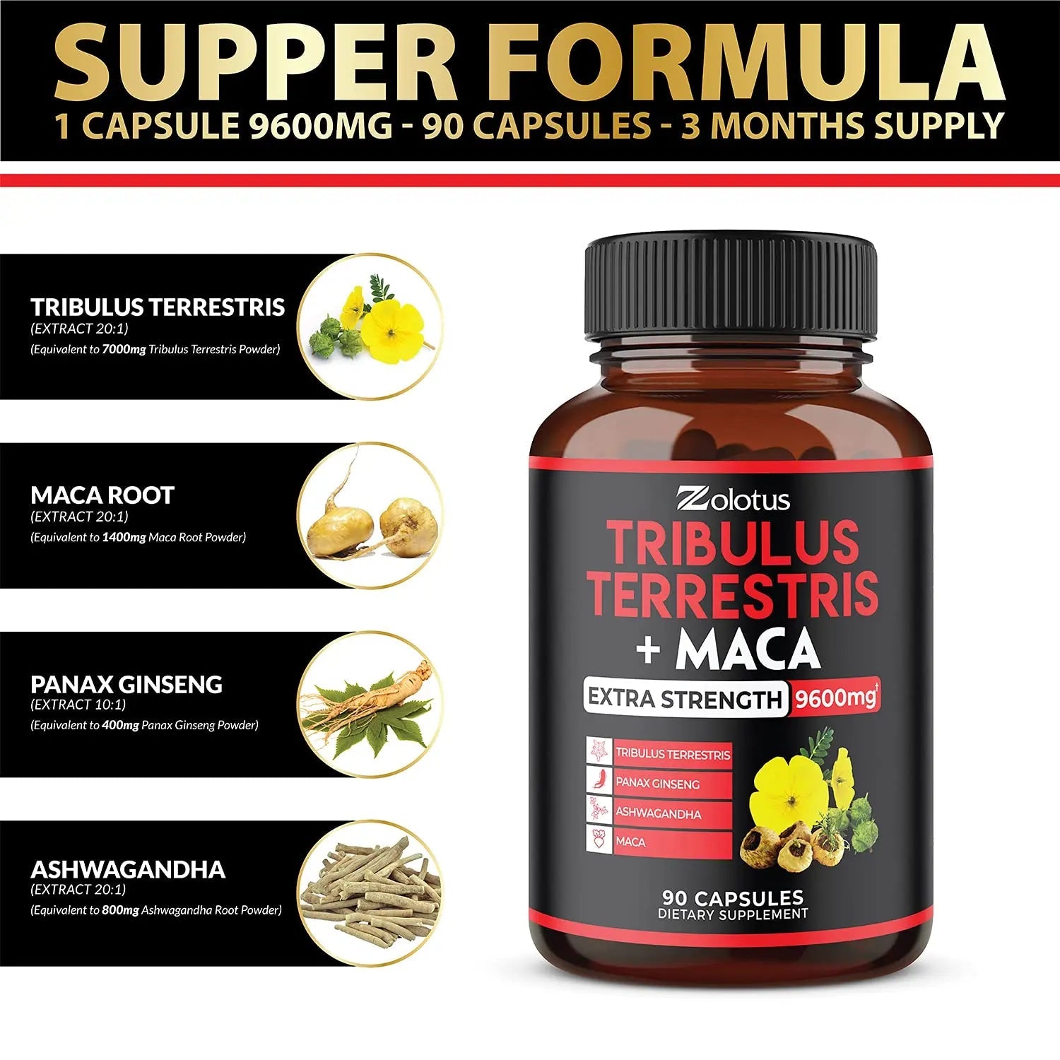 Zolotus Premium Tribulus Terrestris Capsules - 9600mg Per Serving - Combined Zolotus Au supplements