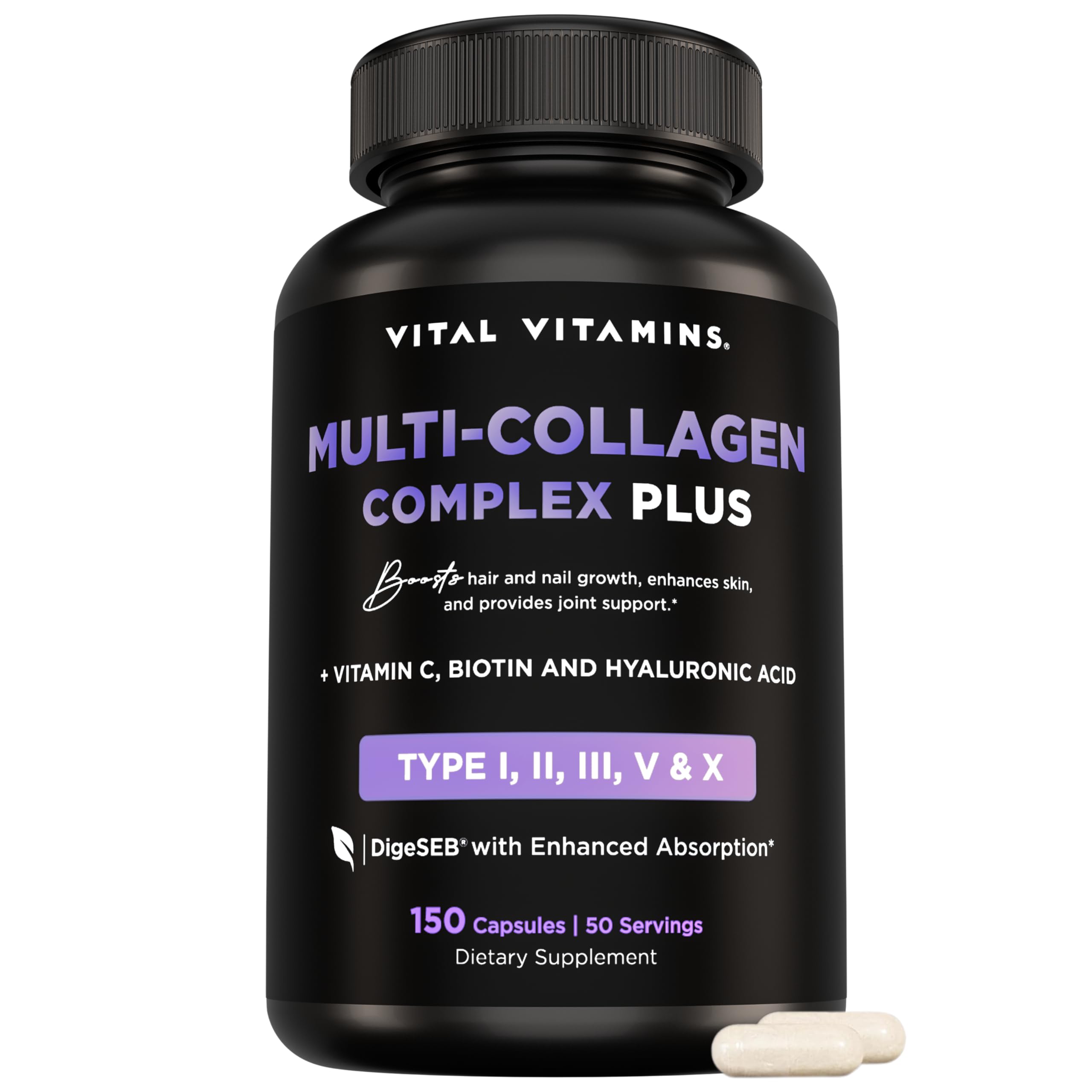 Vital Vitamins Multi Collagen Complex Plus - with Biotin, Hyaluronic Acid, Vitamin C - Type I, II, III, V, X - for Women & Men - Hair, Skin