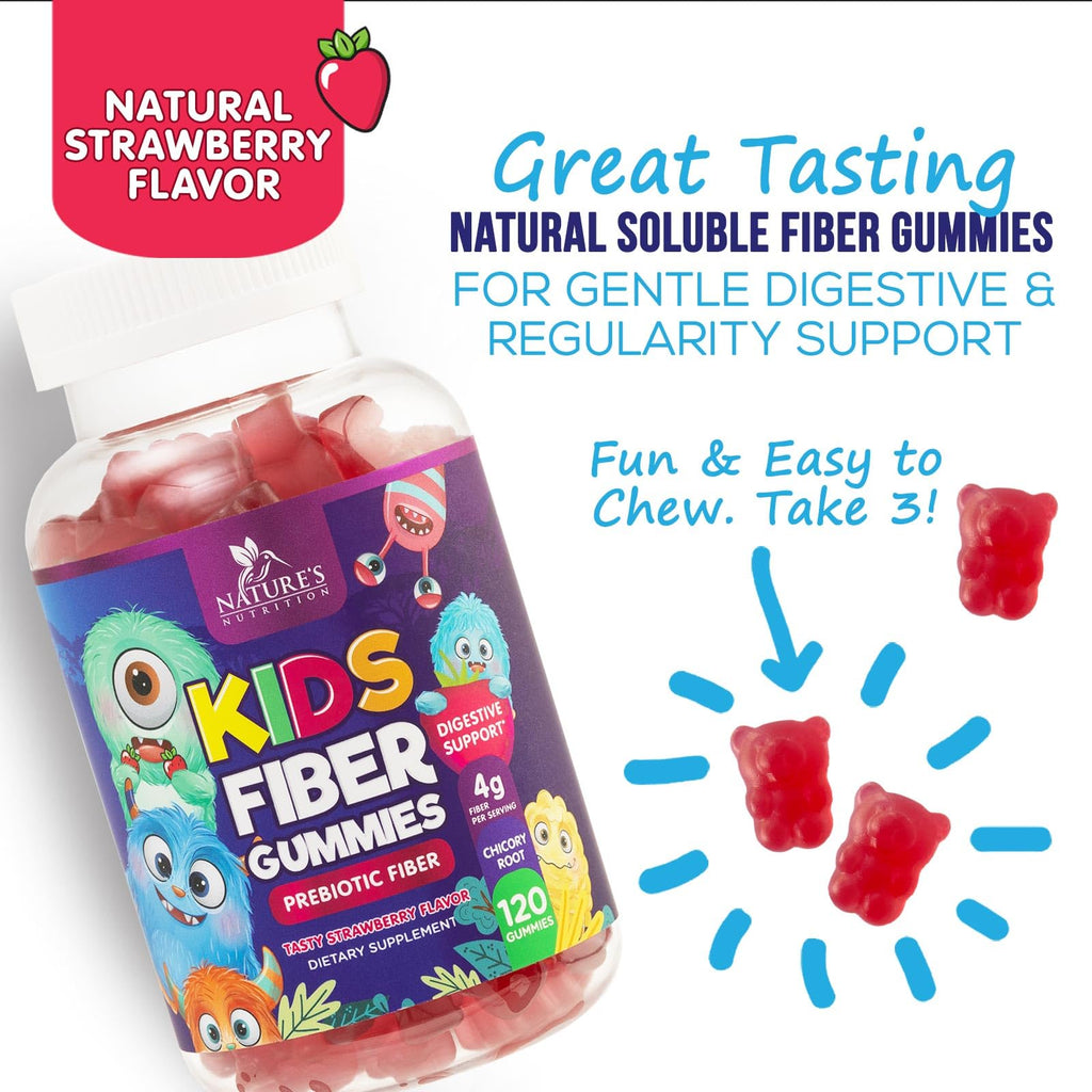 Fiber Gummies for Kids 4g Per Serving - Daily Fiber Gummy Supplement for Kids - Soluble Inulin Prebiotic Gummy for Digestive Health Support - Plant-Based Regularity