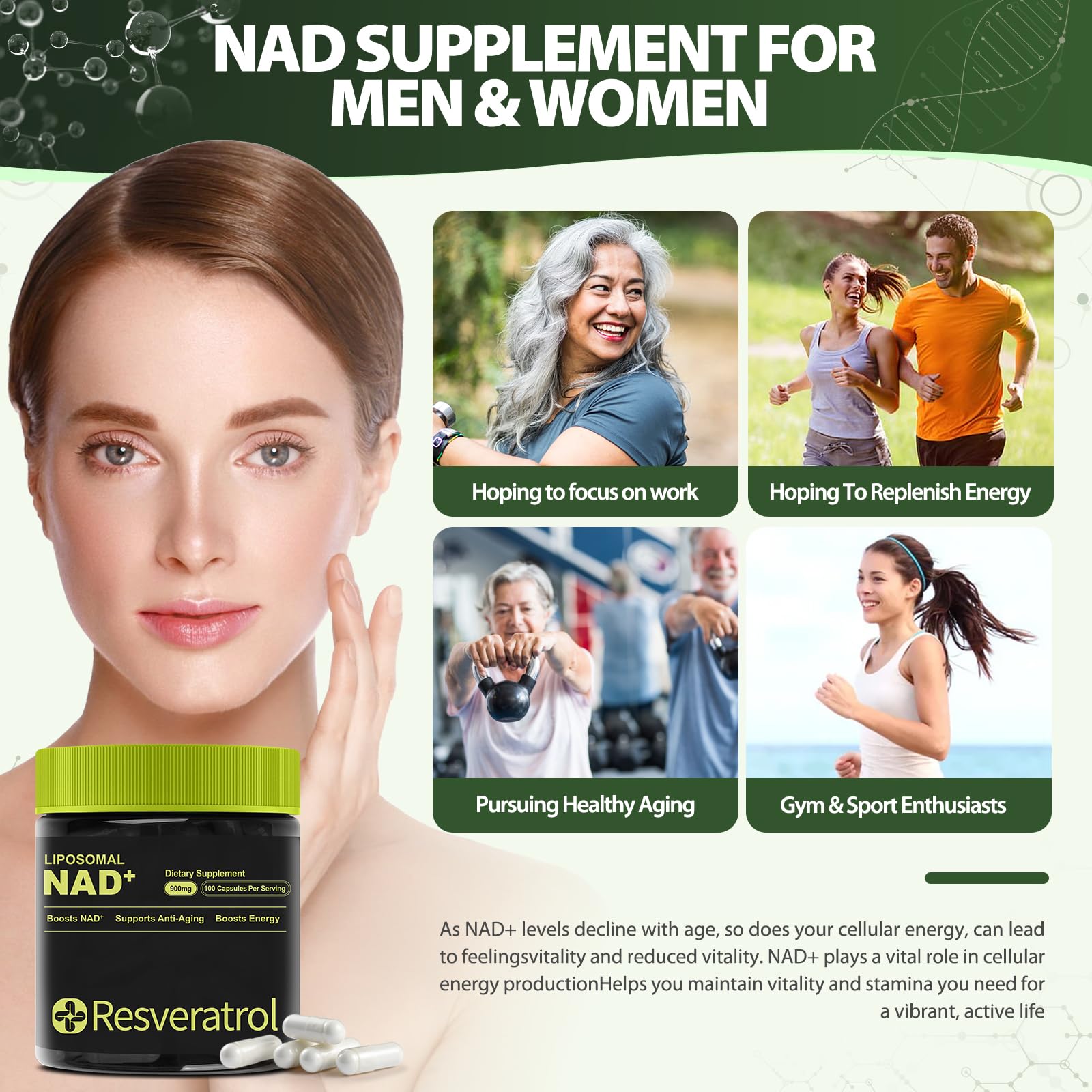 BOSNETHUINH NAD+ Supplement, NAD Nicotinamide Riboside Resveratrol, Liposomal NAD - NMNH Supplement Alternative for Anti-Aging, Mental Clarity & Cellular Energy 100 Capsules BOSNETHUINH Au supplements