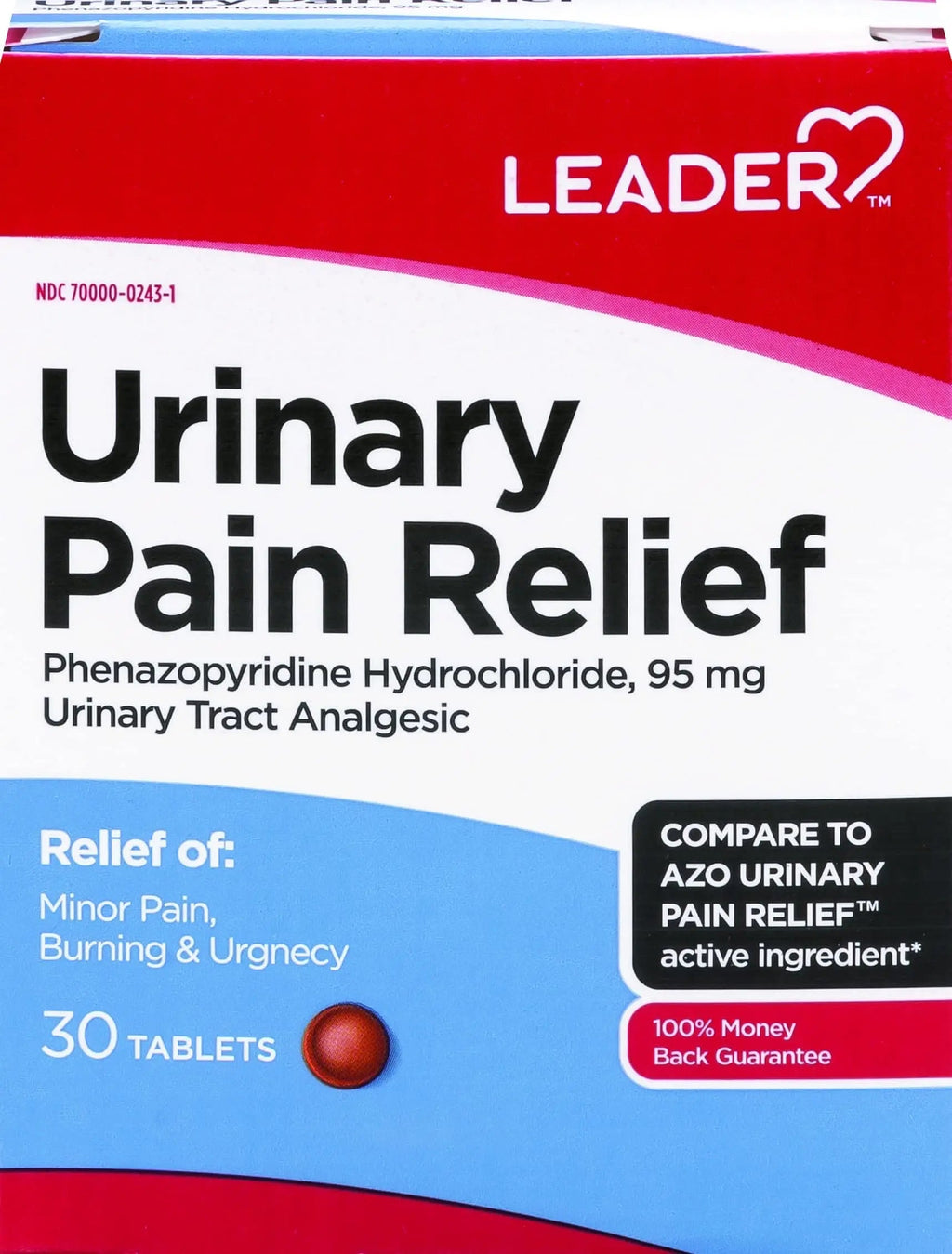 Leader Urinary Pain Relief Maximum Strength, Urinary Tract Analgesic, Relieves Burning and Urgency, Phenazopyridine Hydrochloride 95 mg, for Adults, Both Men & Women, 30 Tablets Leader Au supplements