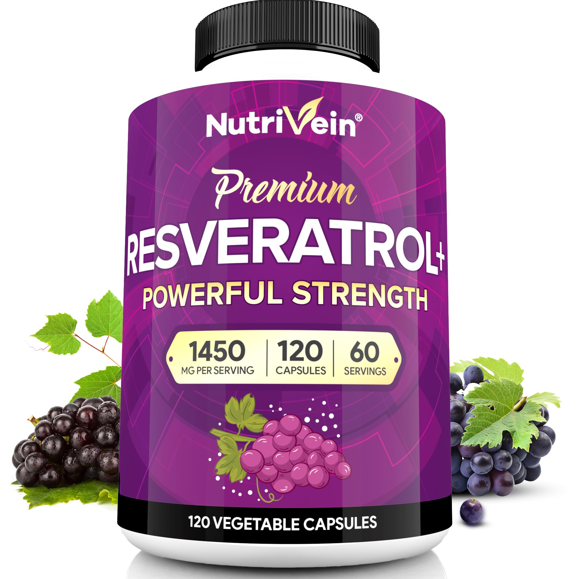Nutrivein Premium Resveratrol 1450mg - 120 Caps: Pure Trans Resveratrol Supplement Enhanced with Green Tea Leaf & Acai Berry