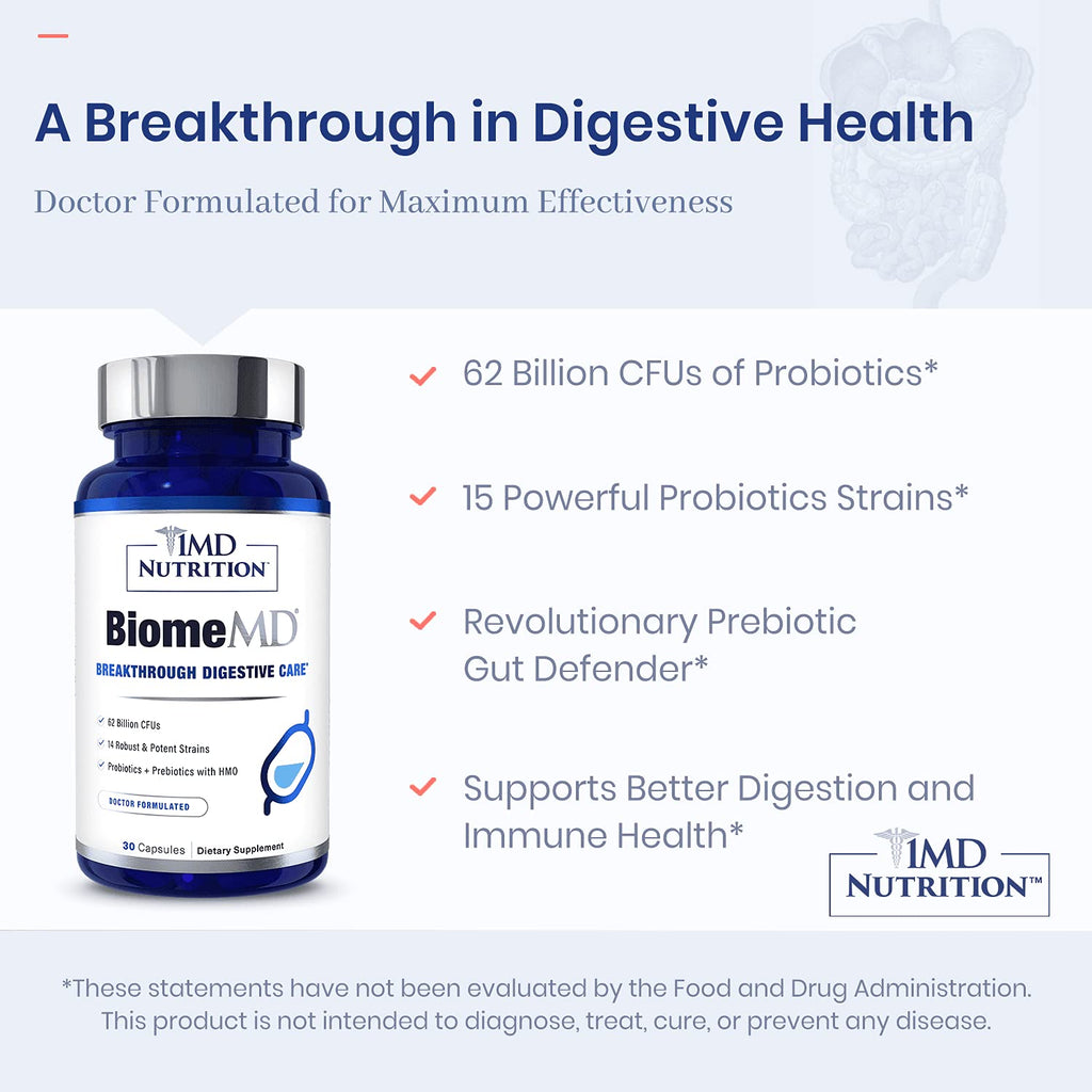 1MD Nutrition BiomeMD Probiotics | 62 Billion CFUs, 15 Comprehensive Strains - Pro & Prebiotics | Doctor-Formulated for Digestive Health & Immune Support | 30 Capsules 1MD Nutrition Au supplements