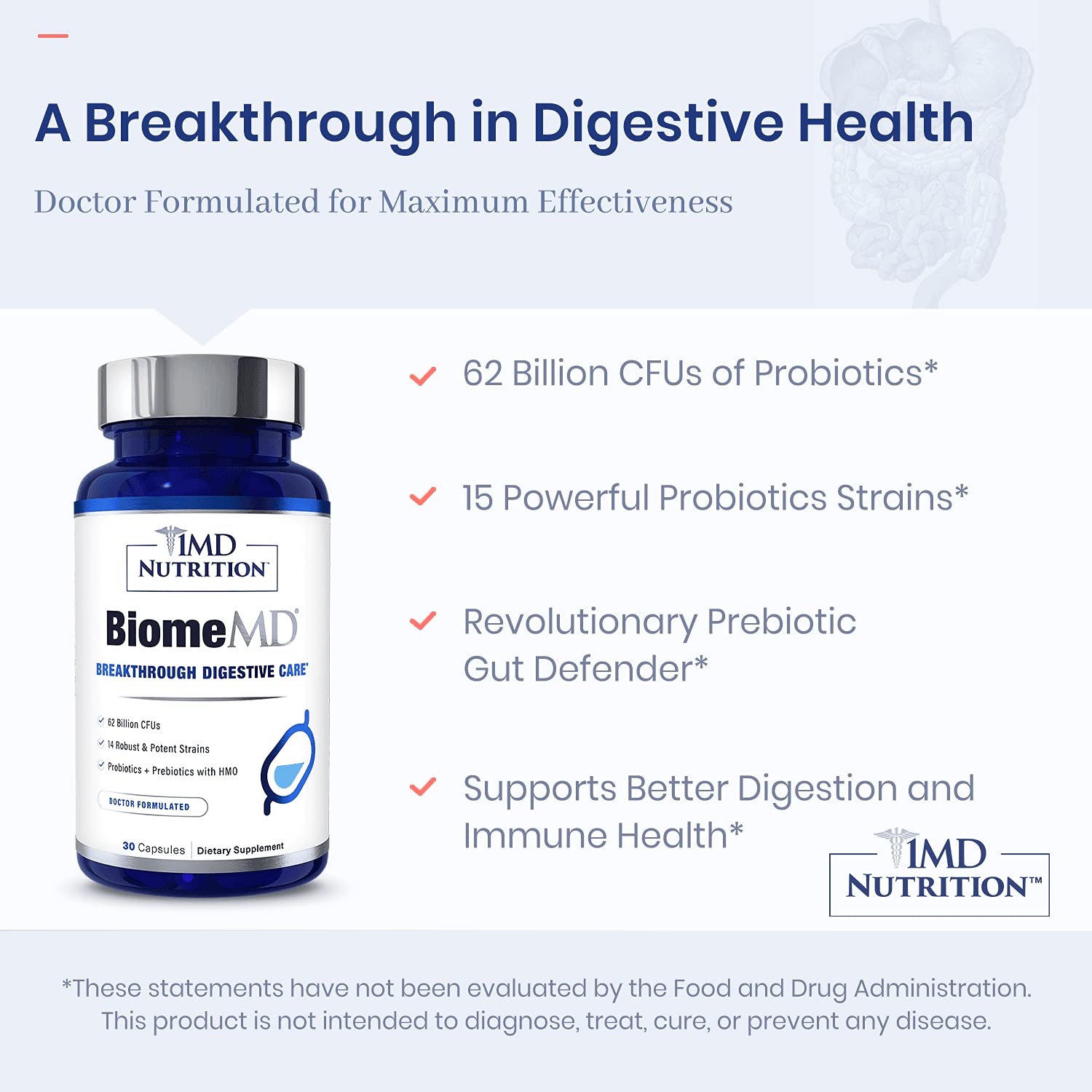 1MD Nutrition BiomeMD Probiotics | 62 Billion CFUs, 15 Comprehensive Strains - Pro & Prebiotics | Doctor-Formulated for Digestive Health & Immune Support | 30 Capsules 1MD Nutrition Au supplements