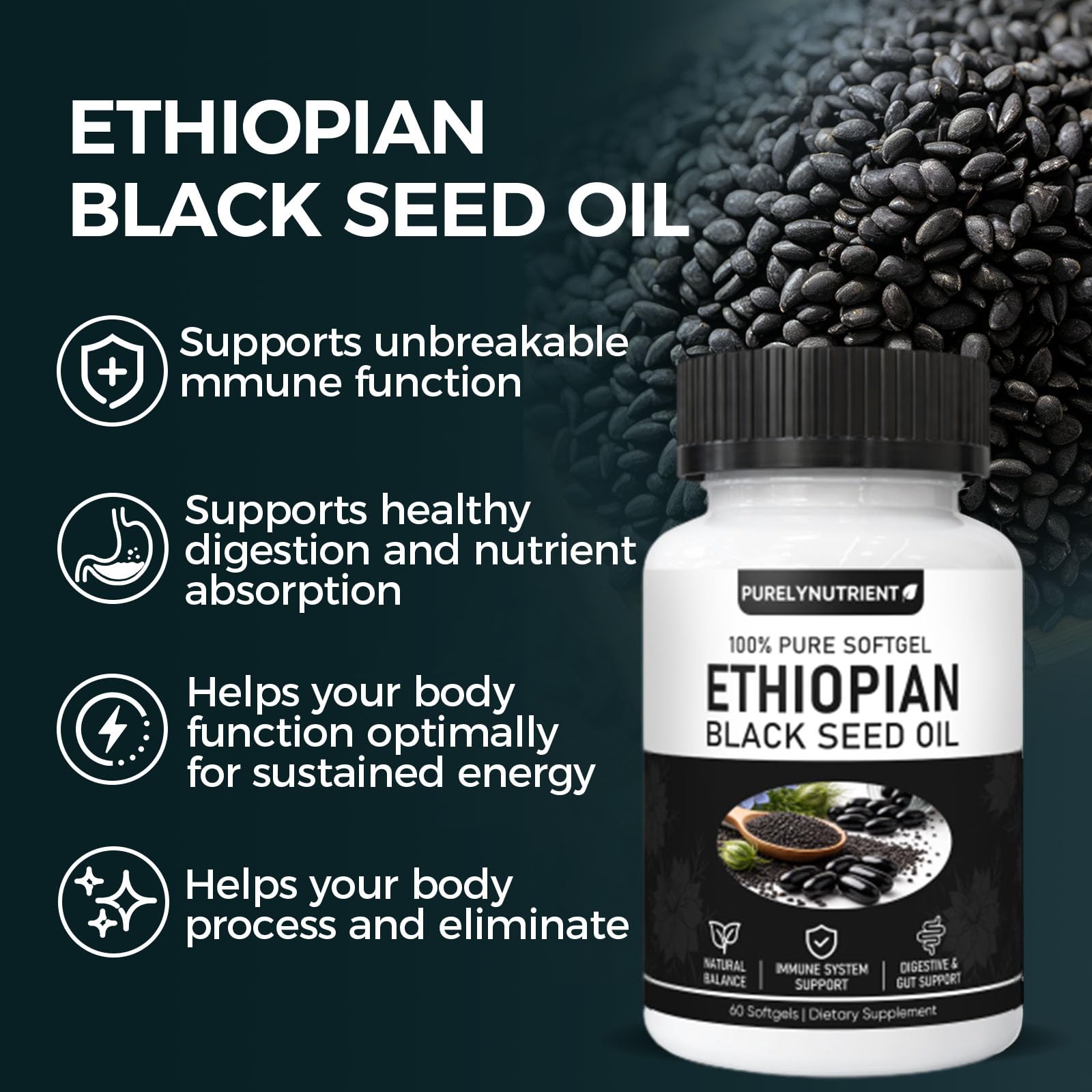 TUVAAZ PURELYNUTRIENT Ethiopian Black Seed Oil Capsules with 4.64% Thymoquinone, Immune Support & Digestion & Energy Booster