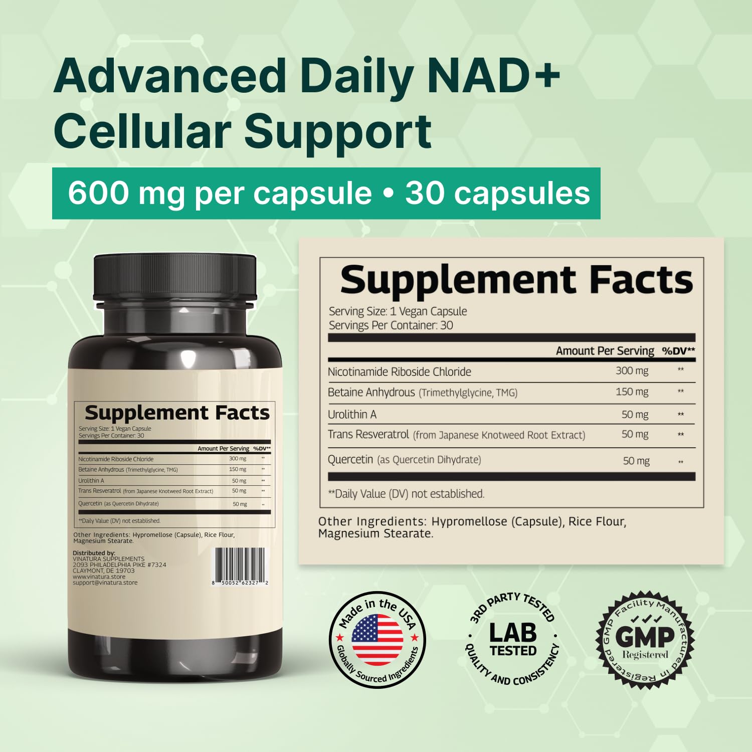 VINATURA NAD Supplement, Nicotinamide Riboside with Resveratrol - Advanced NAD+ Supplement with TMG and Urolithin A, for Women and Men - 30 Vegan Capsules VINATURA Au supplements