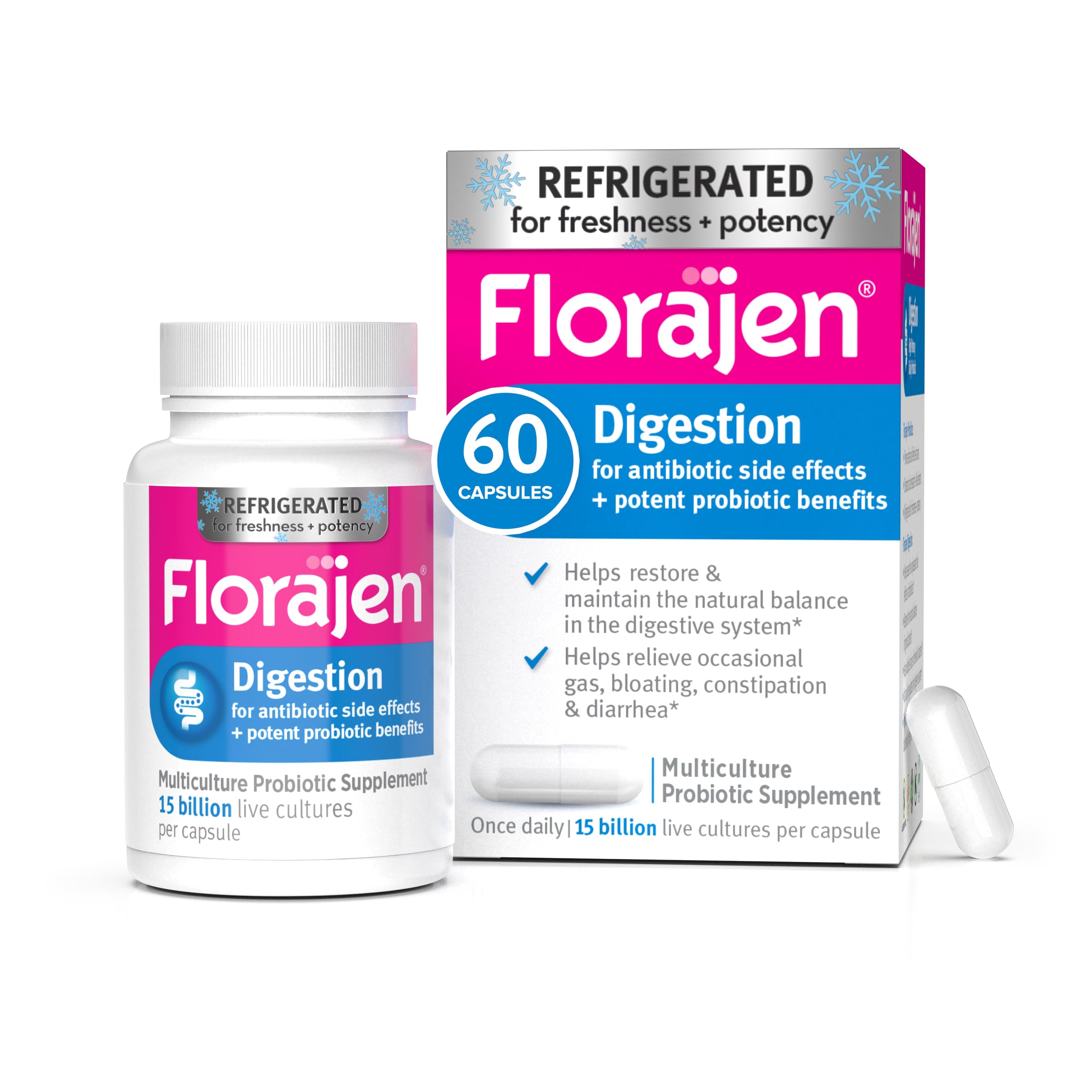 Florajen3 Digestion High Potency Refrigerated Probiotics | Restores Balance in Digestive System | for Antibiotic Side Effects | 60 Capsules