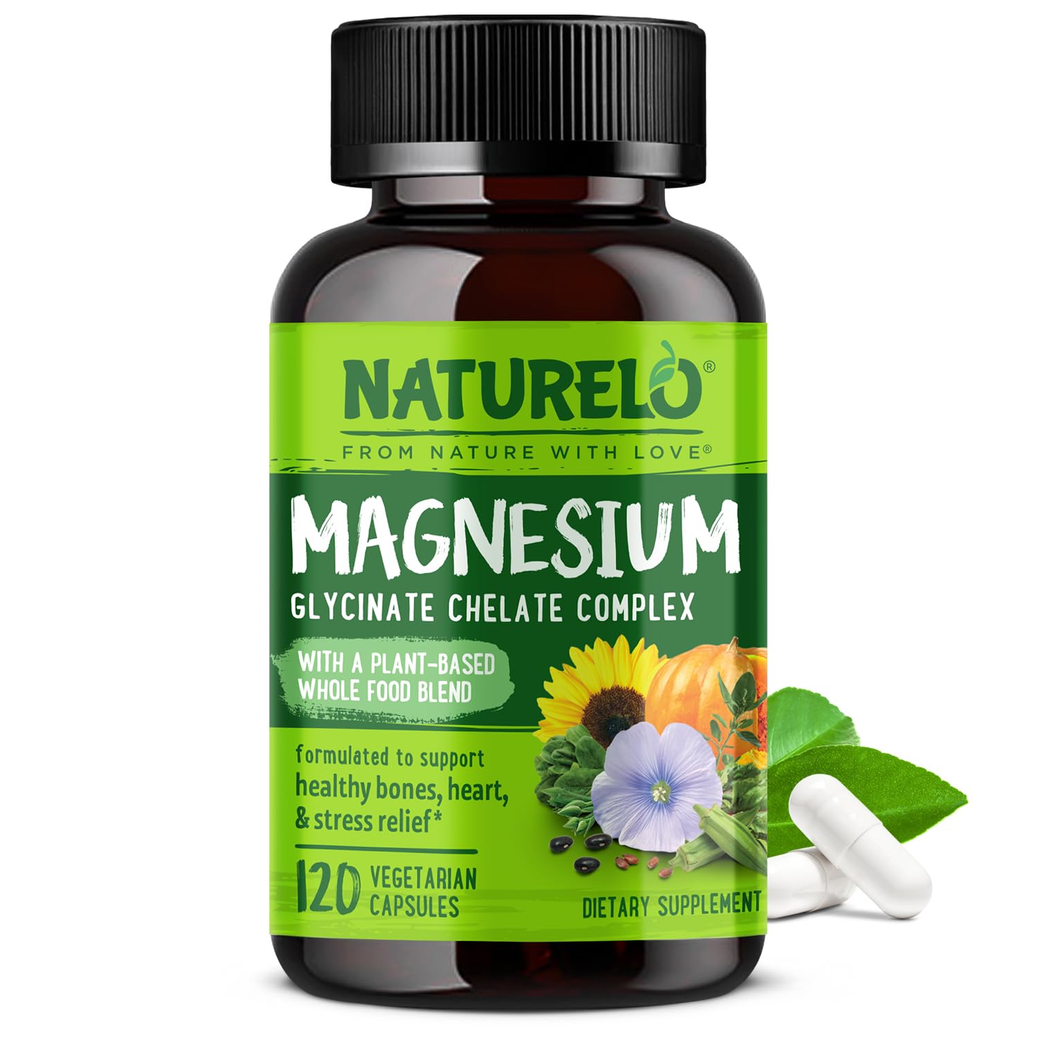 NATURELO Magnesium Glycinate Chelate Complex - 200 mg Magnesium with Organic Vegetables to Support Sleep, Calm, Muscle Cramp & Stress Relief - Gluten Free, Non GMO - 120 Capsules NATURELO Au supplements