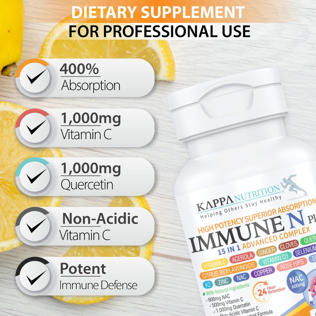(60 Capsules), NAC 600mg, Quercetin 1,000mg, Vitamin C 500mg, Zinc 50mg, Vitamin D3 5,000iu, Selenium, Copper, Acerola, Ginger, Rutin, Citrus Bioflavonoids, Rose Hips, Echinacea, Immune N Plus 15 in 1 KAPPA NUTRITION Au supplements