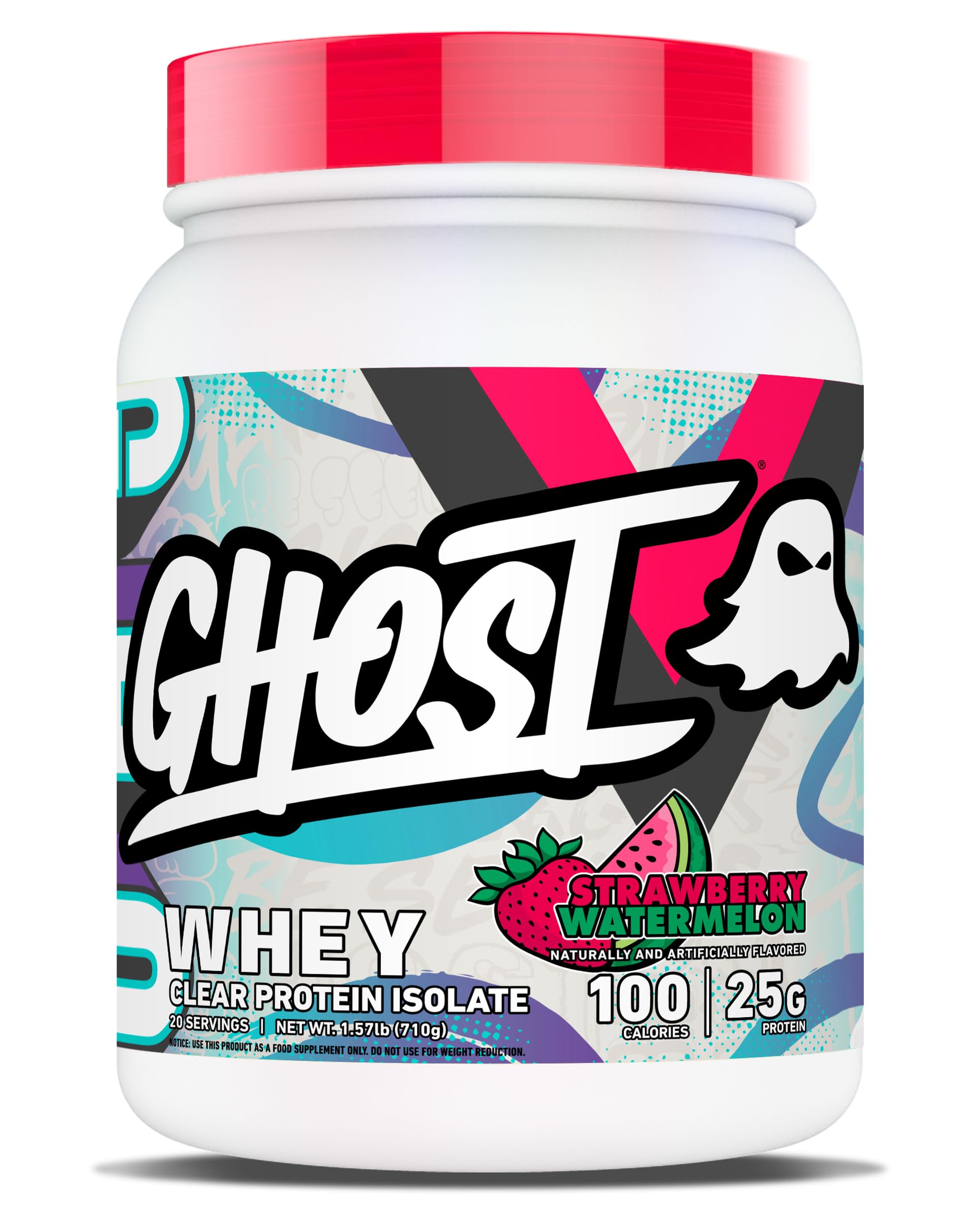 GHOST Clear Whey Isolate Protein Powder, Strawberry Watermelon - 1.57 LB Tub, 25G of Whey Protein - Post Workout Drink for Muscle Gain & Recovery – Sugar Free, Soy Free & Zero Fat, 20 Servings