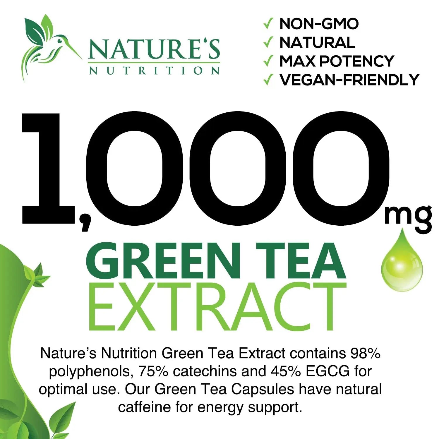 Green Tea Extract Capsules 1000mg 98% Standardized EGCG - 3X Strength for Natural Nature's Nutrition Au supplements